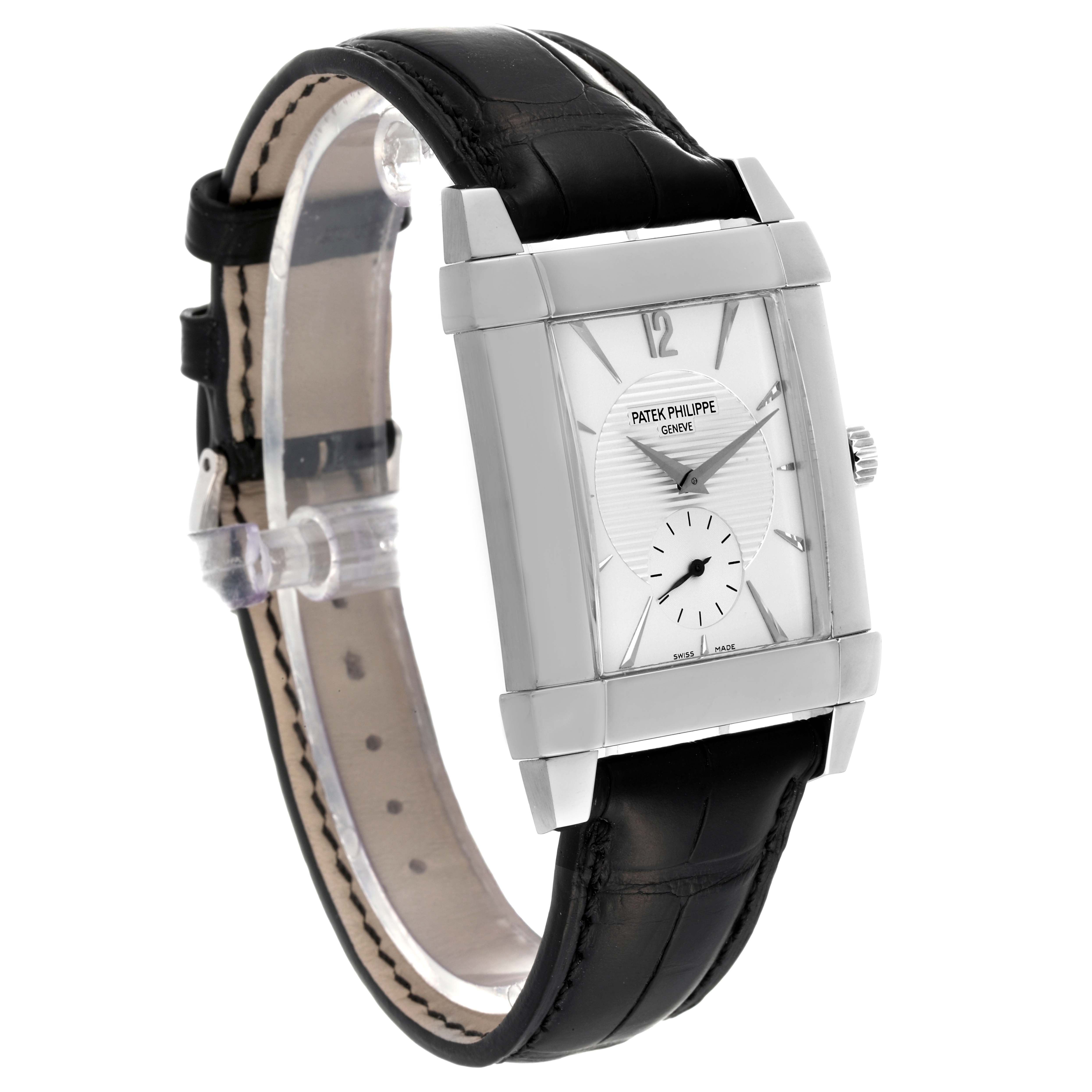 The image shows a Patek Philippe Gondolo 5111G Men
s White Gold Silver Dial 5111G Men
s White Gold Silver Dial model watch at a three-quarter angle, highlighting the face, strap, and buckle.