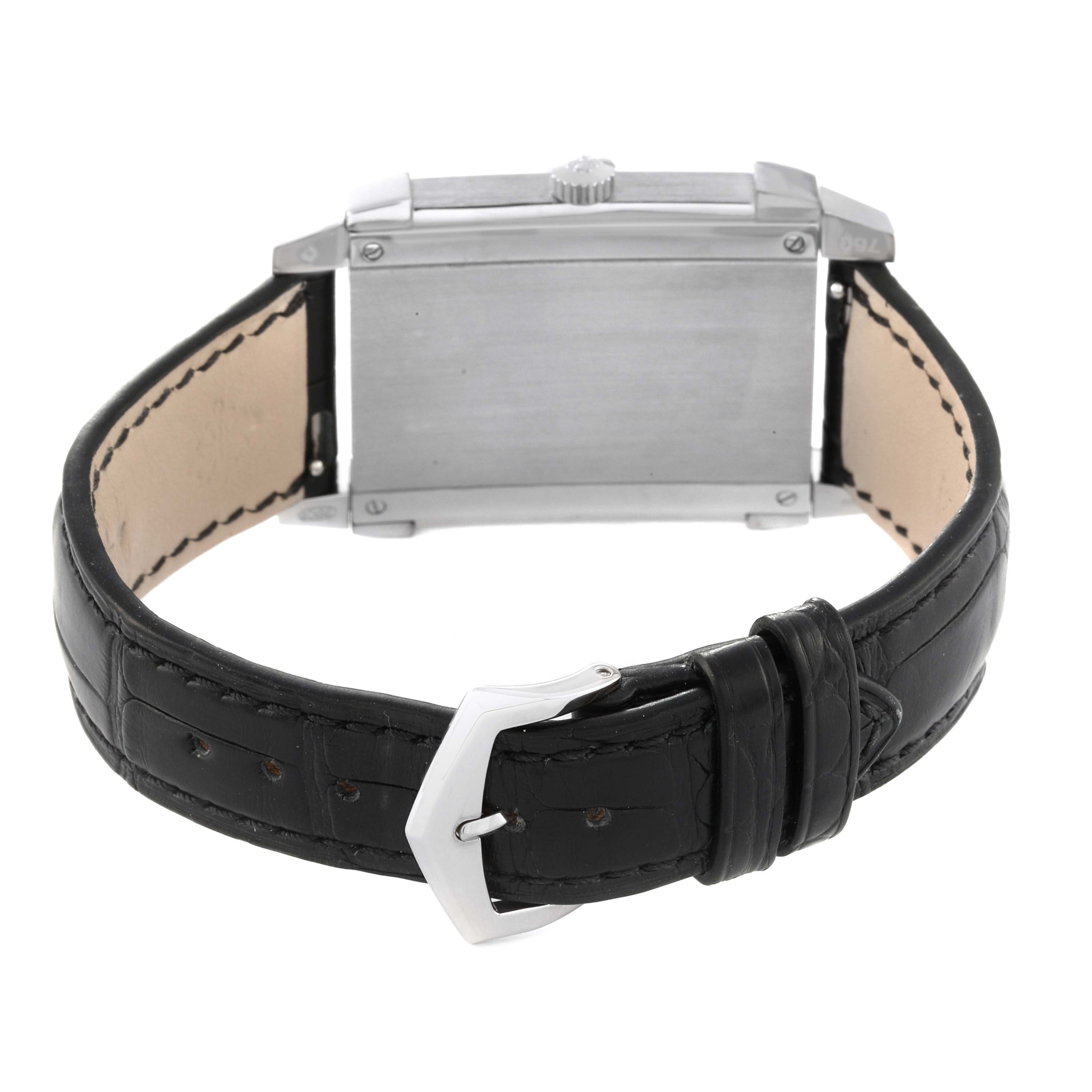 The image shows the back of a Patek Philippe Gondolo 5111G Men
s White Gold Silver Dial 5111G Men
s White Gold Silver Dial watch, focusing on its leather strap and metal buckle.