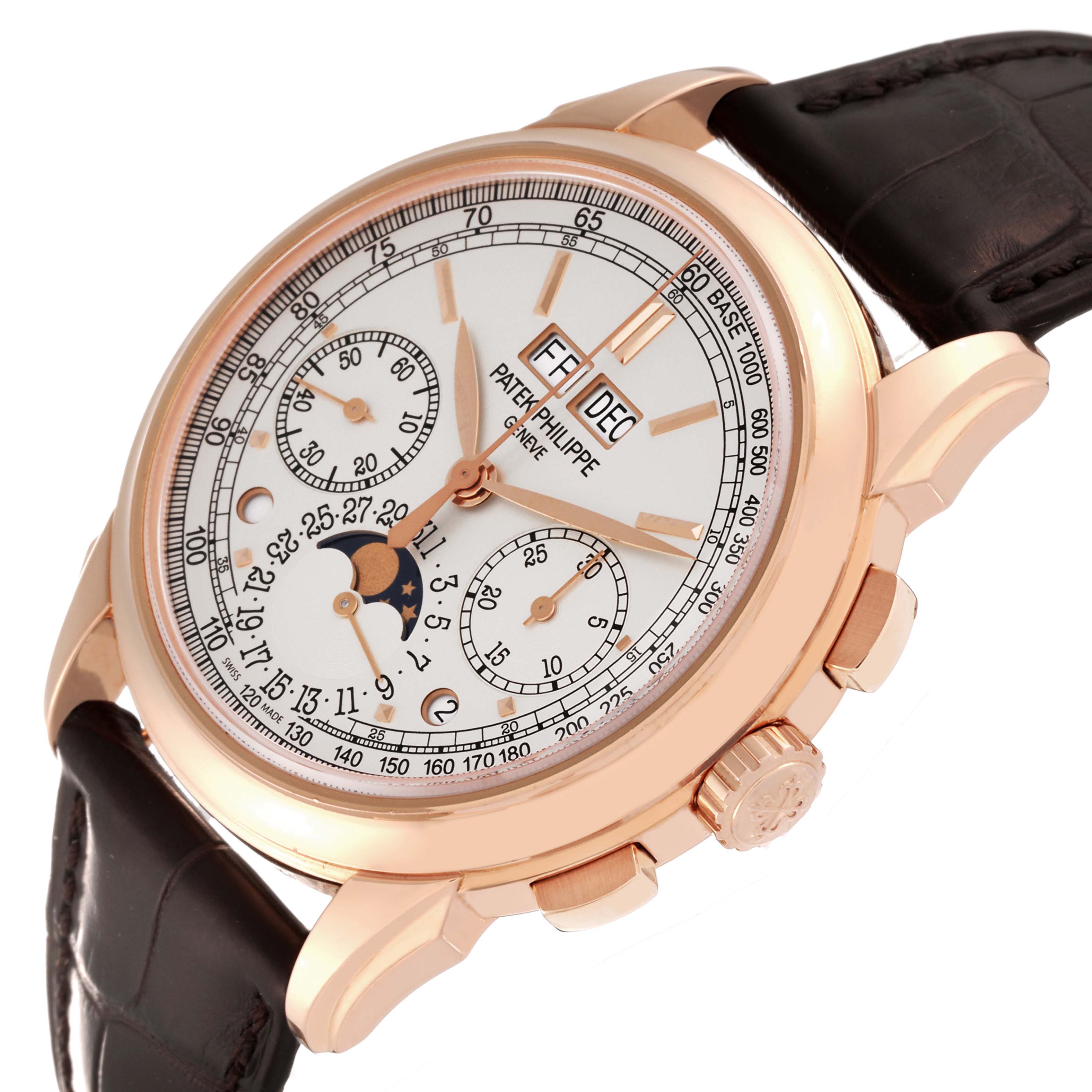 This image shows a Patek Philippe Complications 5270R Men's Rose Gold Silver Dial 5270R Men's Rose Gold Silver Dial watch at a slight angle, highlighting its face, crown, pushers, and leather strap.