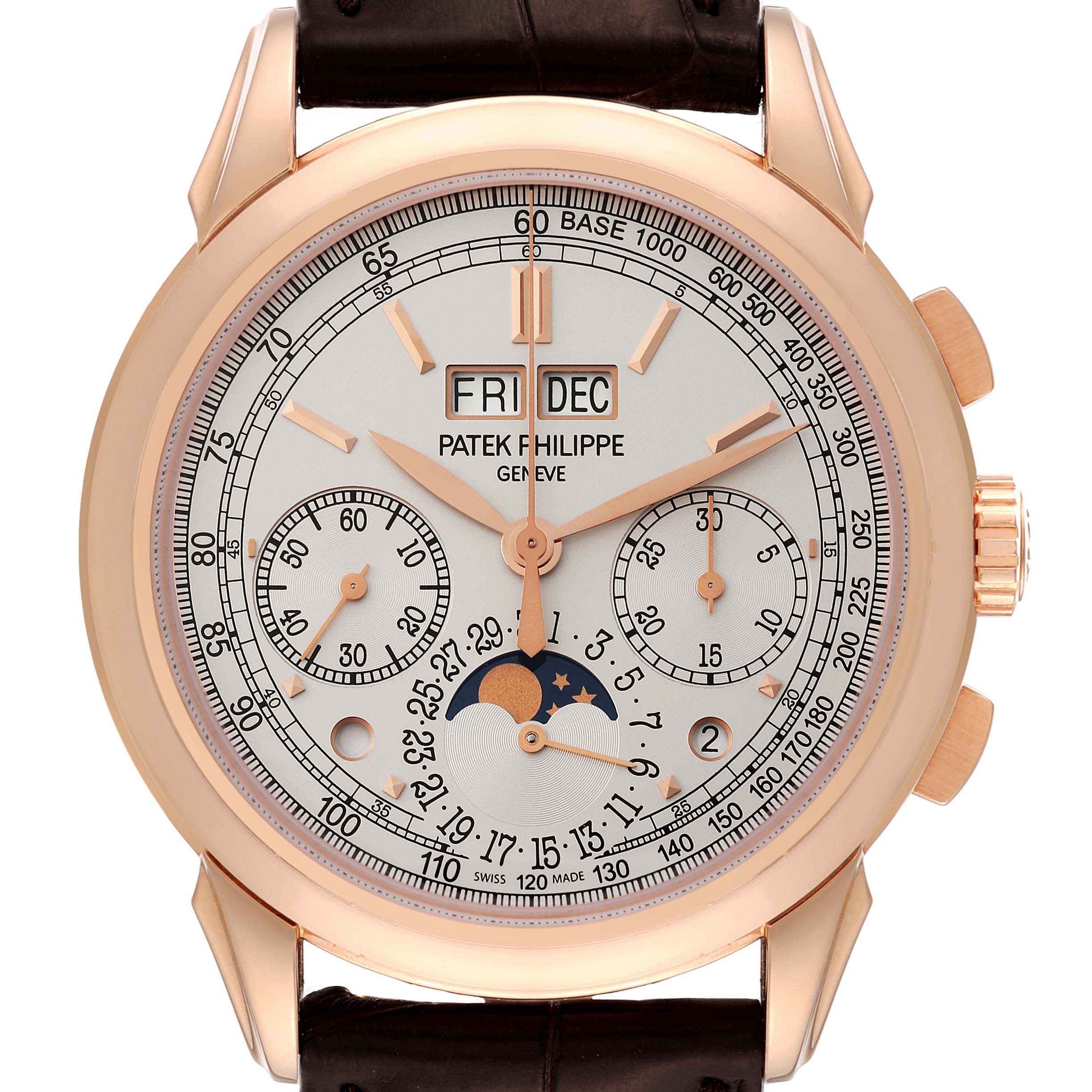 The image shows the Patek Philippe Complications 5270R Men's Rose Gold Silver Dial 5270R Men's Rose Gold Silver Dial model watch from a front angle displaying its dial with a moon phase, subdials, and day-date windows.