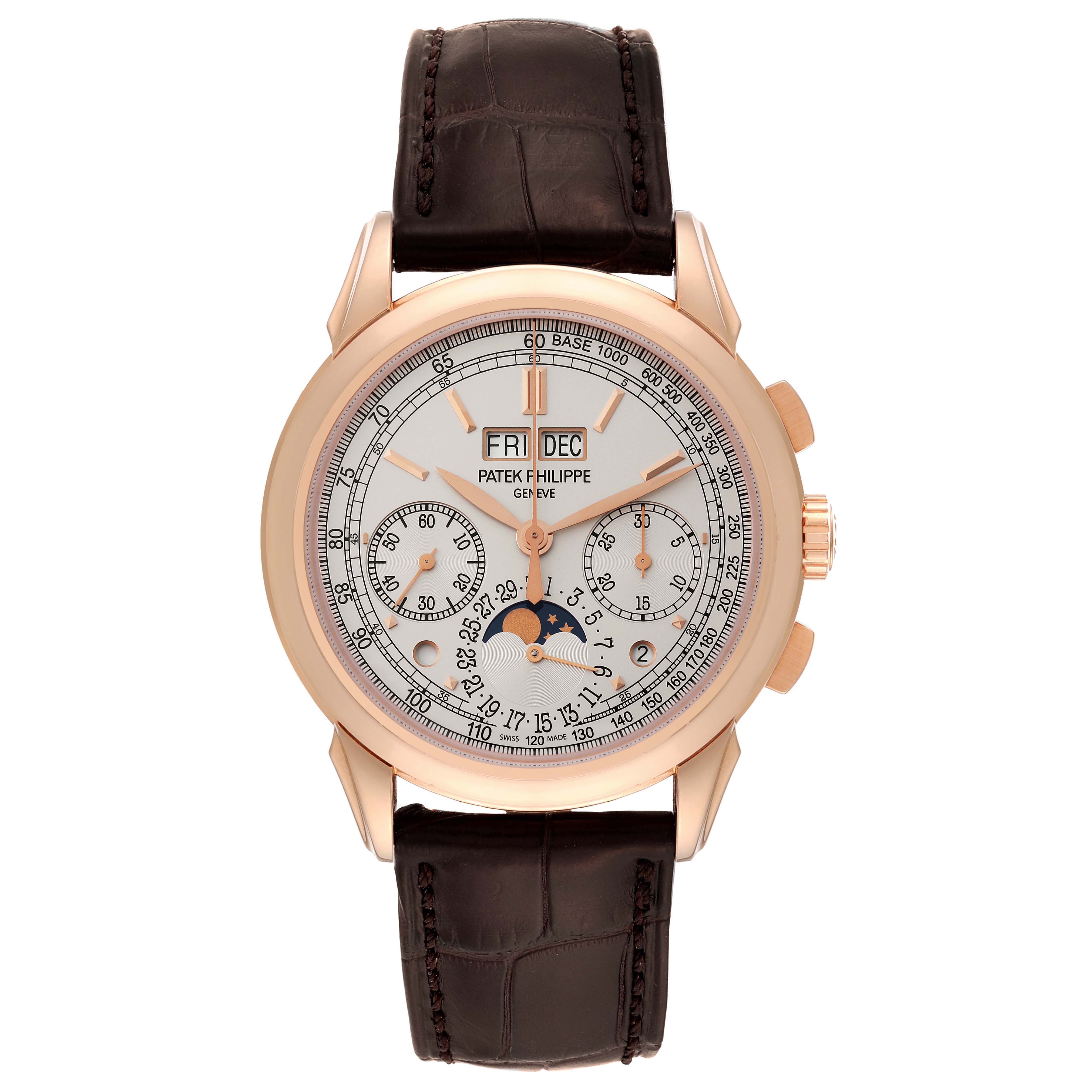 The image shows a front view of a Patek Philippe Complications 5270R Men's Rose Gold Silver Dial 5270R Men's Rose Gold Silver Dial watch with a brown leather strap and rose gold case.