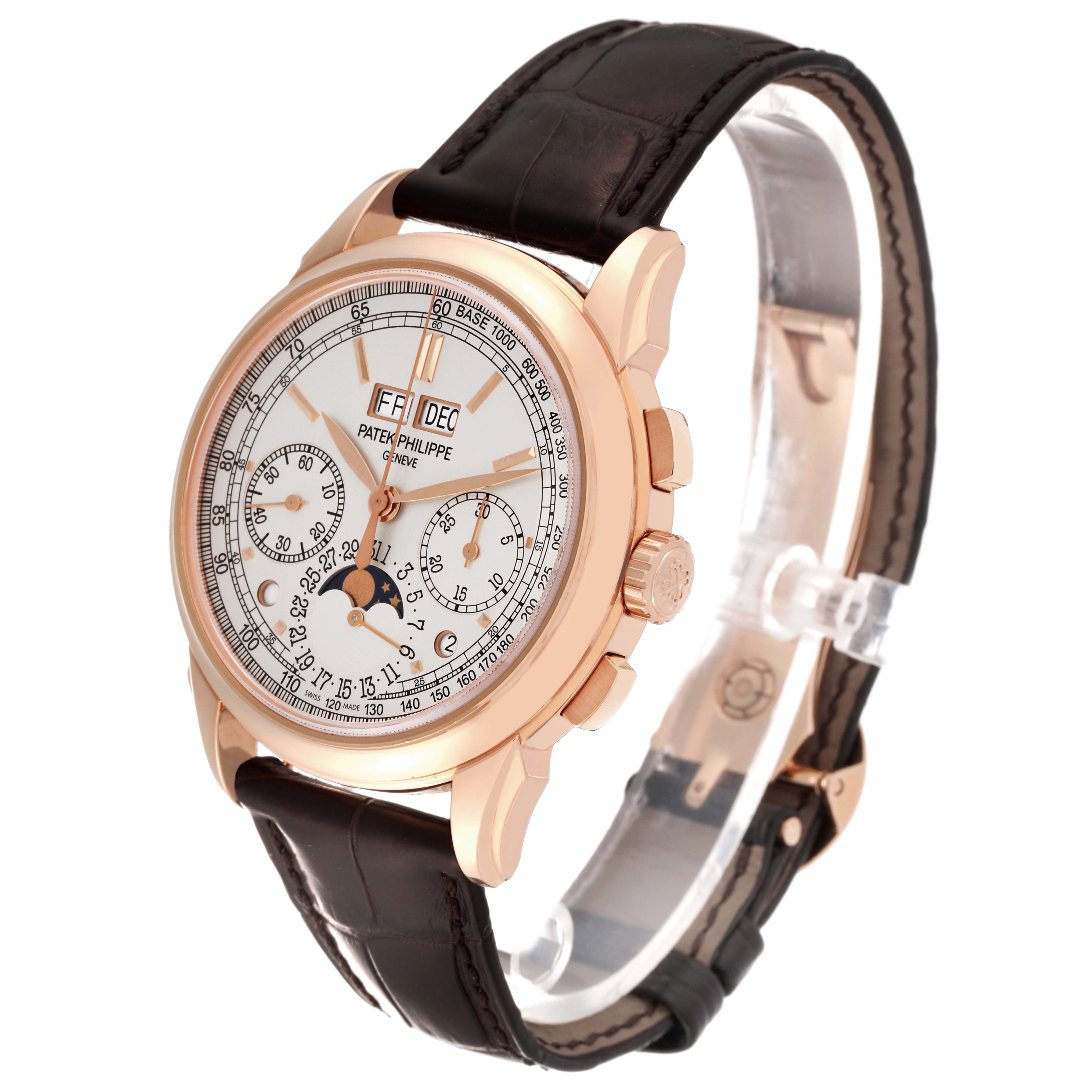 The image shows a side-angle view of a Patek Philippe Complications 5270R Men's Rose Gold Silver Dial 5270R Men's Rose Gold Silver Dial watch, highlighting the case, dial, and leather strap.