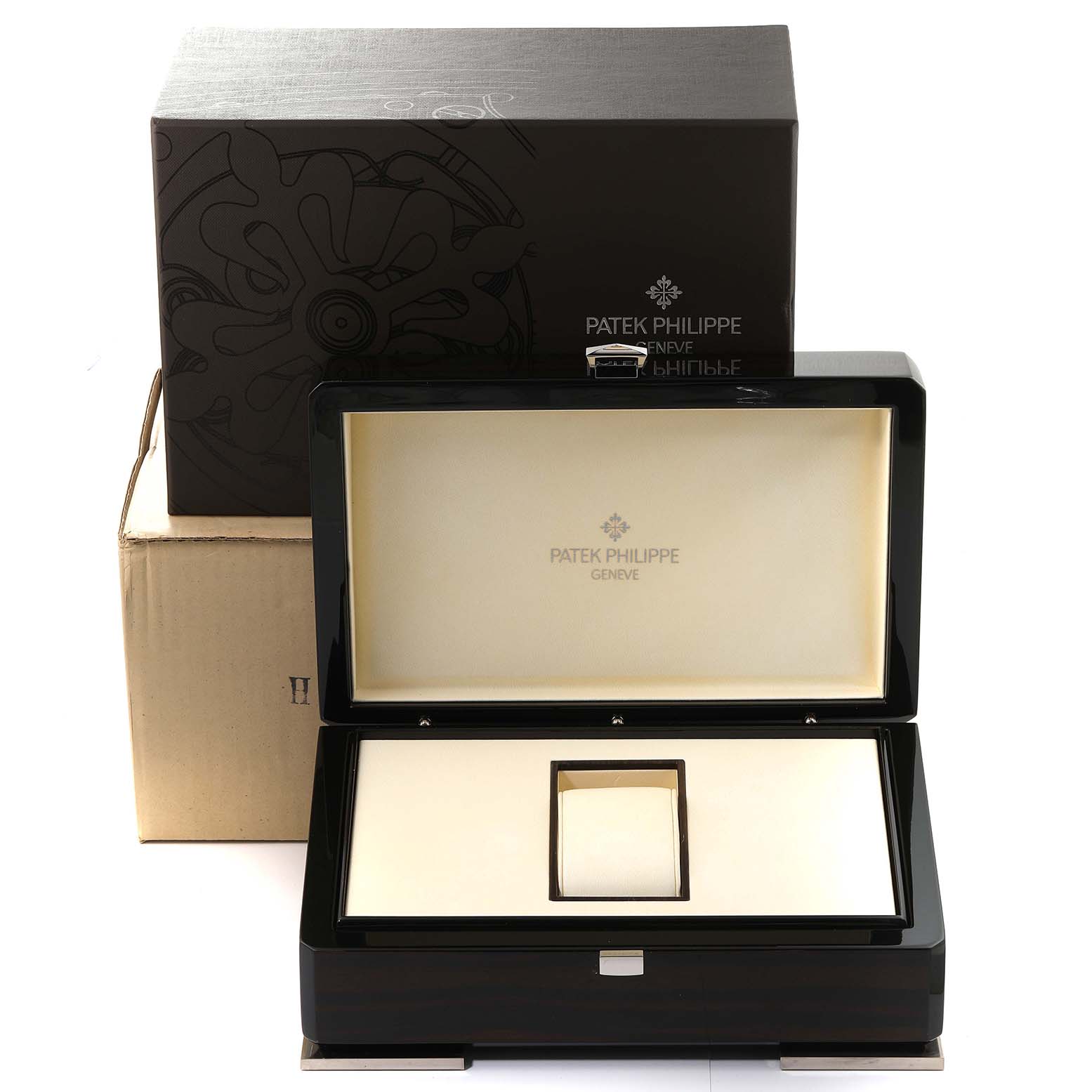 The image shows the packaging box and open presentation box for a Patek Philippe Complications 5270R Men's Rose Gold Silver Dial 5270R Men's Rose Gold Silver Dial model watch.