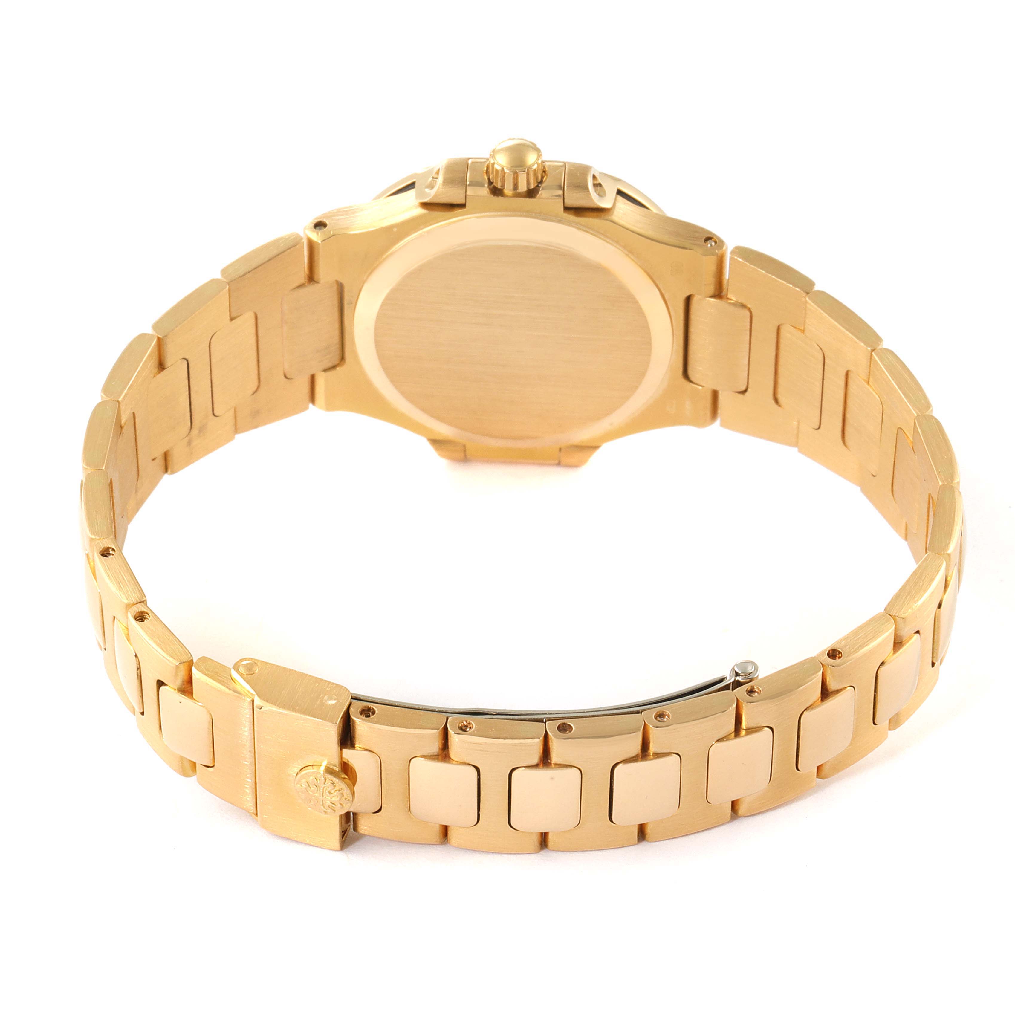 This image shows the back and the bracelet of a Patek Philippe Nautilus 4700/1 Women's Yellow Gold Champagne Dial 4700/1 Women's Yellow Gold Champagne Dial watch from a rear angle.