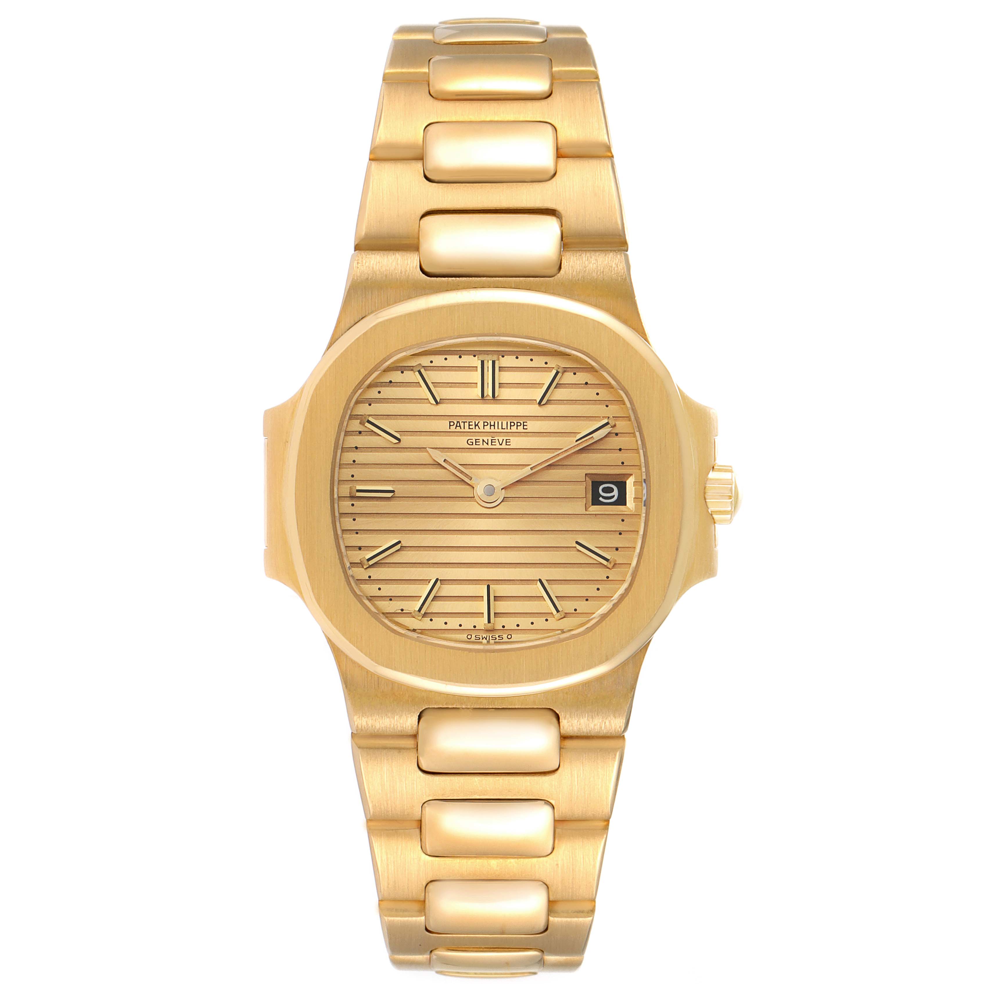 The image shows a full frontal view of a Patek Philippe Nautilus 4700/1 Women's Yellow Gold Champagne Dial 4700/1 Women's Yellow Gold Champagne Dial watch in gold with a horizontal striped dial and integrated bracelet.