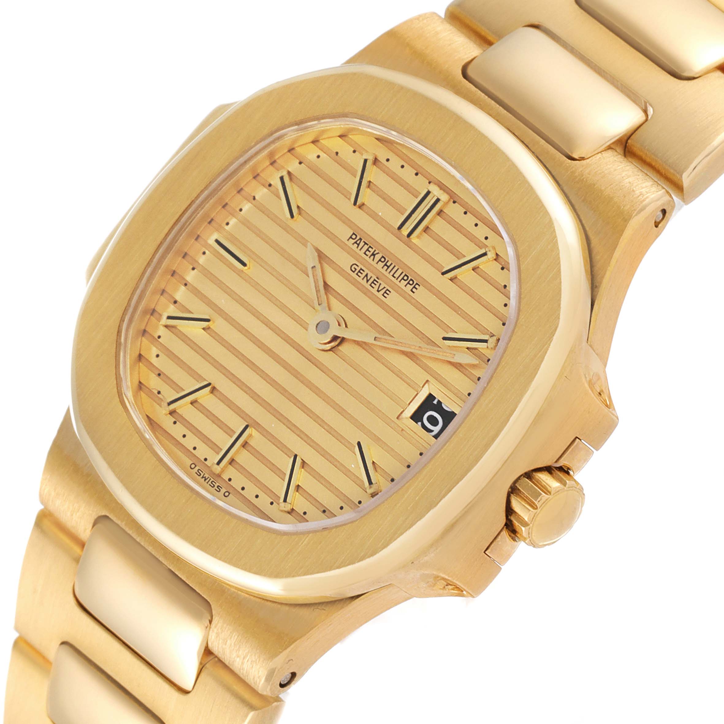 The image shows a Patek Philippe Nautilus 4700/1 Women's Yellow Gold Champagne Dial 4700/1 Women's Yellow Gold Champagne Dial watch angled slightly from the side, displaying the dial, bezel, and part of the bracelet.