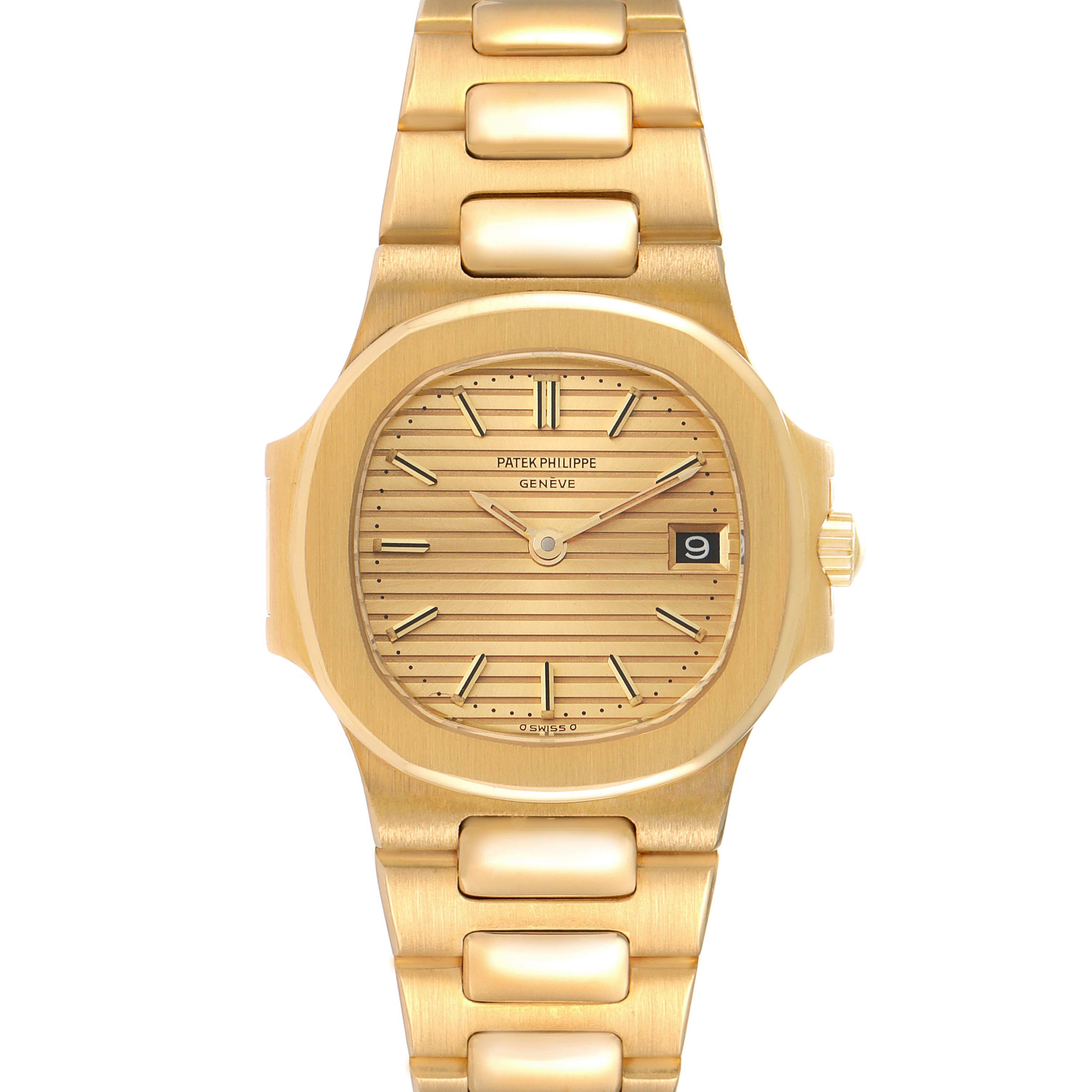 The image shows a frontal view of the Patek Philippe Nautilus 4700/1 Women's Yellow Gold Champagne Dial 4700/1 Women's Yellow Gold Champagne Dial watch, displaying its gold face, dial, and bracelet.