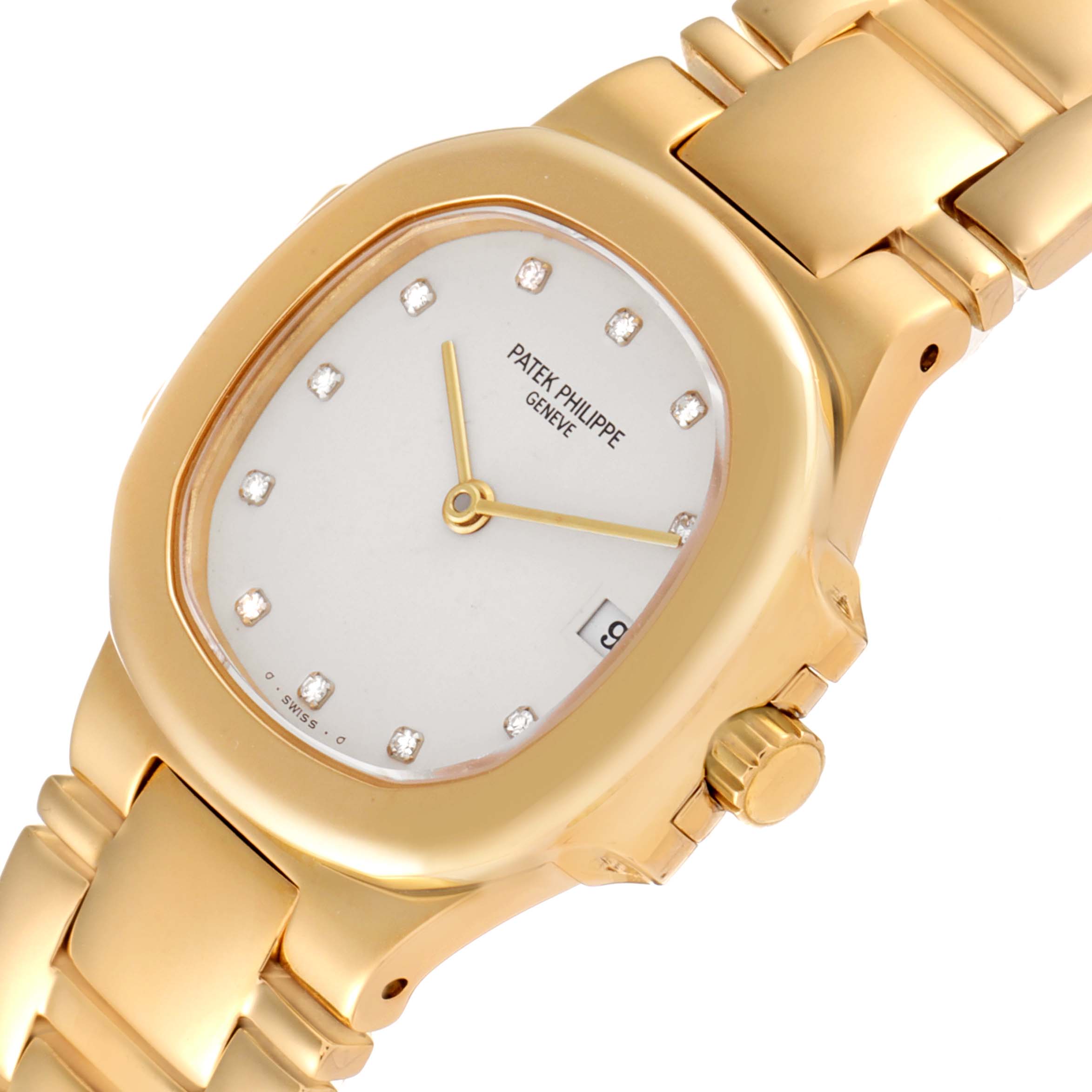 The image shows a close-up of the dial, bezel, crown, and part of the bracelet of a Patek Philippe Nautilus 4700/1 Women's Yellow Gold Beige Dial 4700/1 Women's Yellow Gold Beige Dial watch.