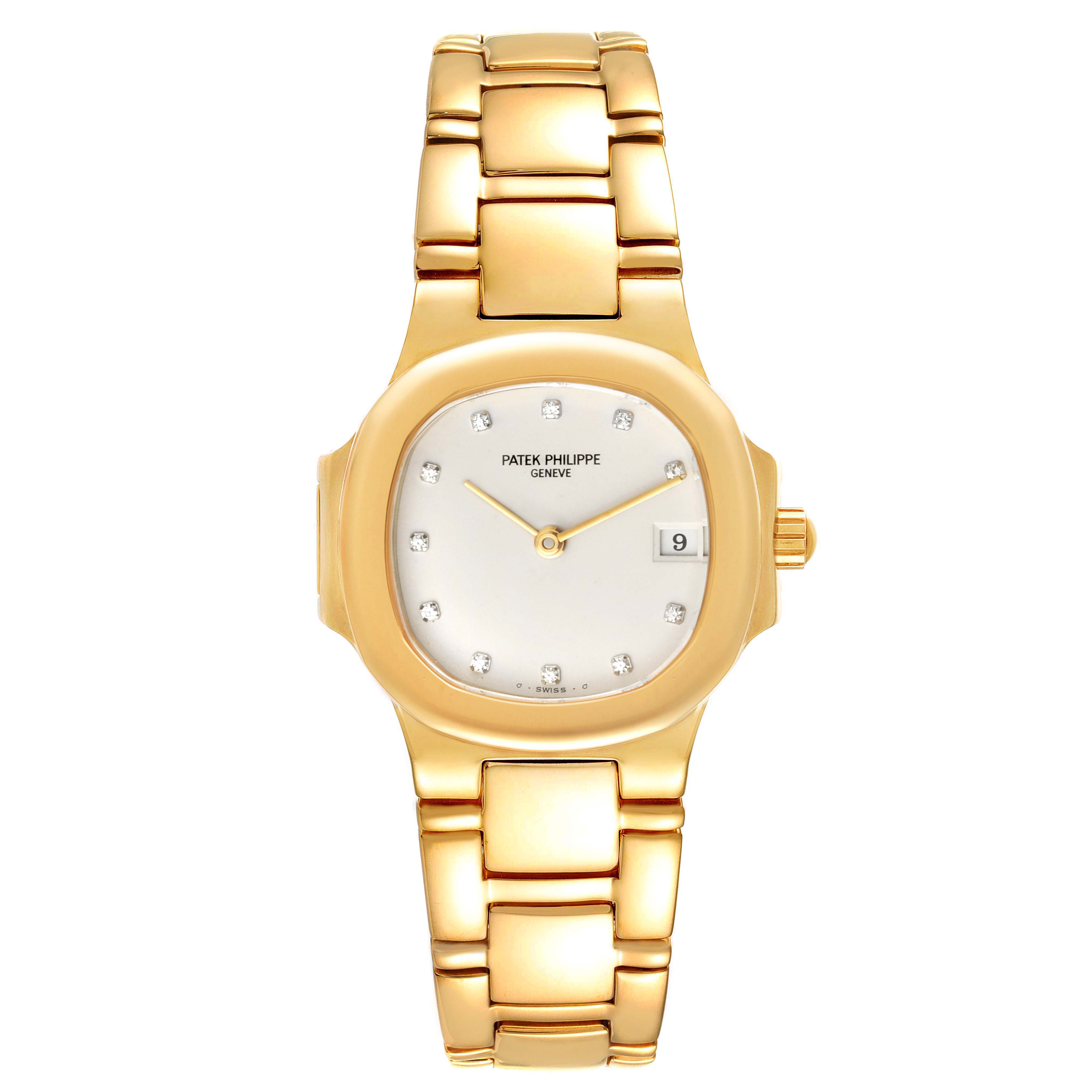 This image shows a front view of a Patek Philippe Nautilus 4700/1 Women's Yellow Gold Beige Dial 4700/1 Women's Yellow Gold Beige Dial watch, highlighting the face, dial, hands, date display, and gold bracelet.