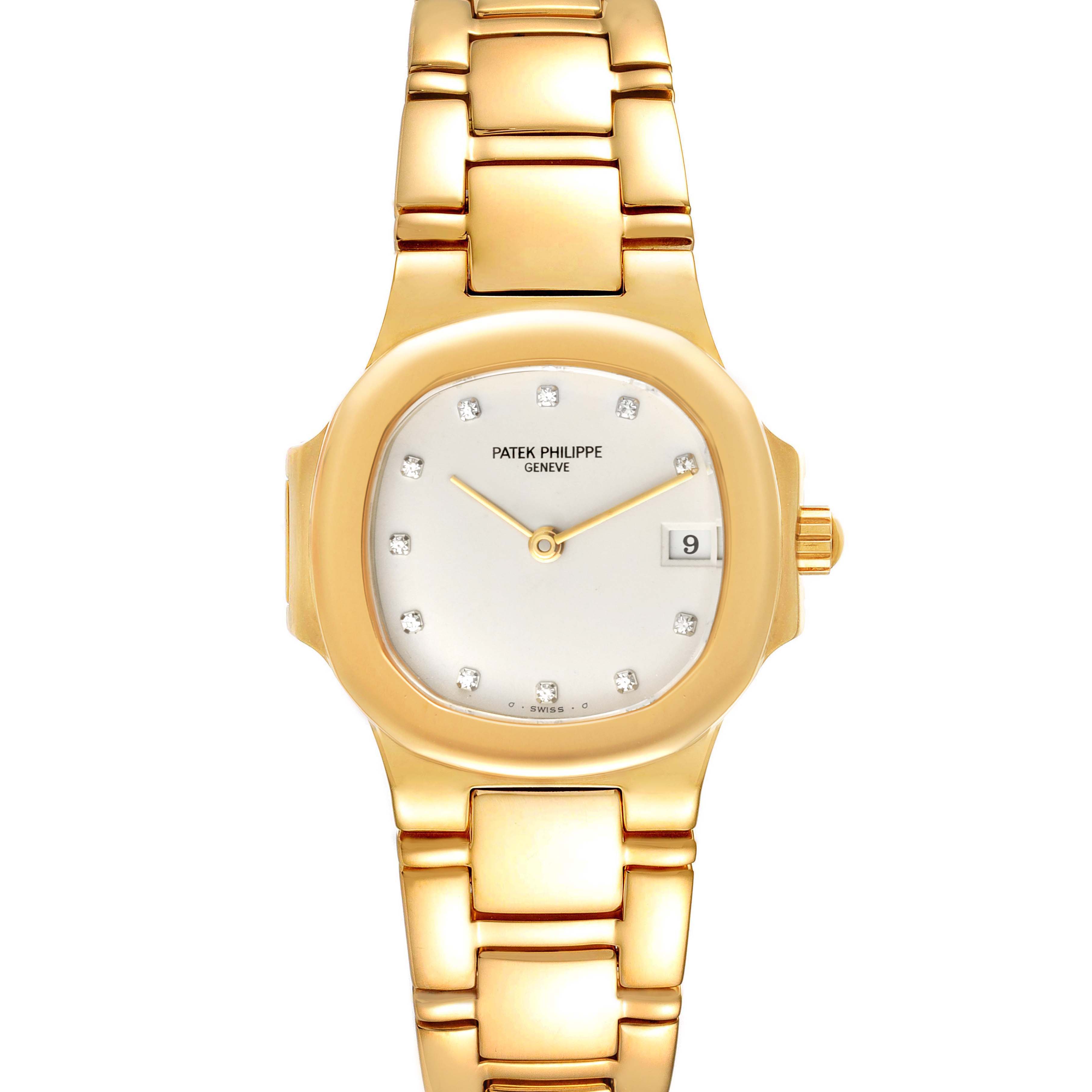 This image shows a front view of the Patek Philippe Nautilus 4700/1 Women's Yellow Gold Beige Dial 4700/1 Women's Yellow Gold Beige Dial watch, highlighting its dial, hands, date window, and gold bracelet.