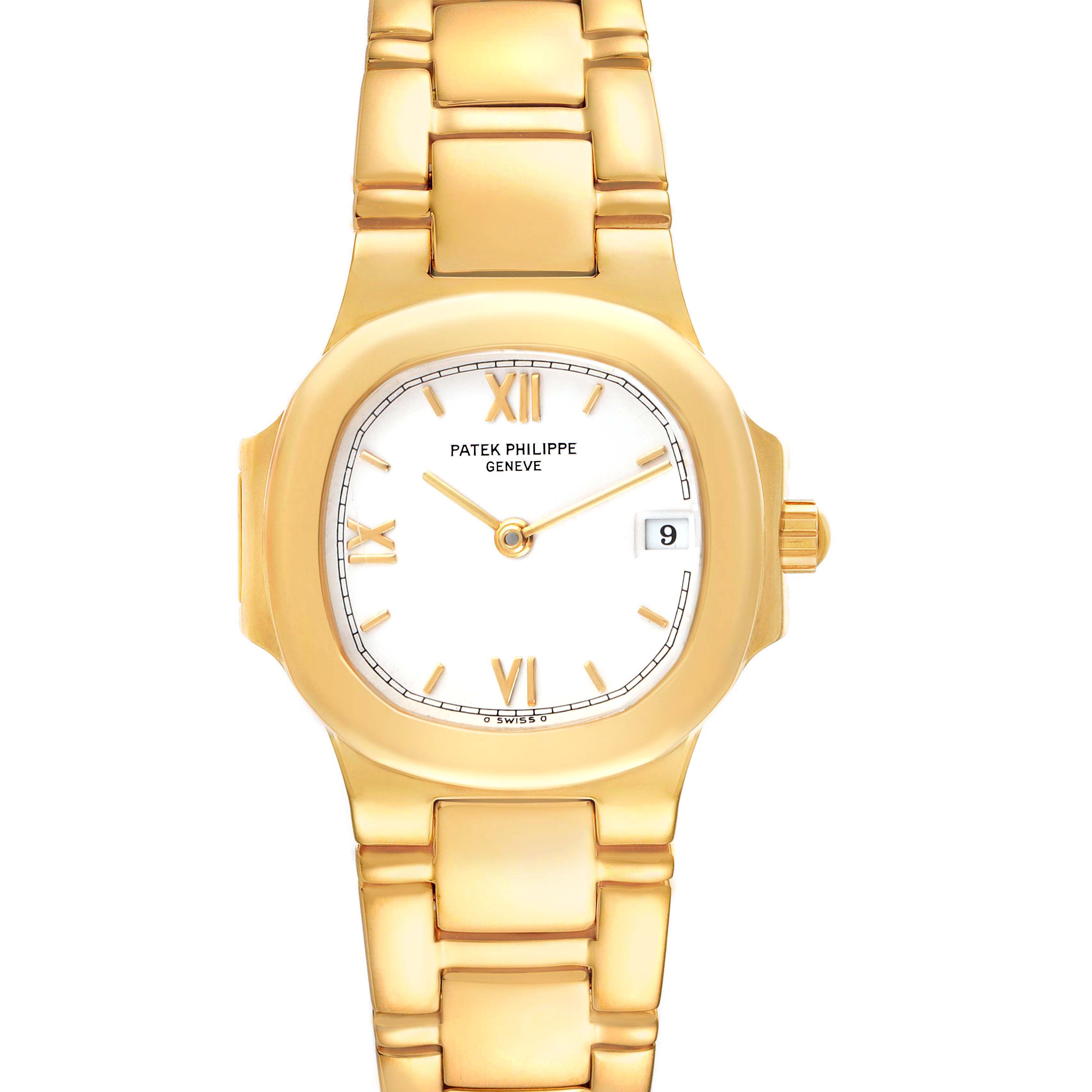 The image shows a front view of the Patek Philippe Nautilus 4700/51 Women's Yellow Gold White Dial 4700/51 Women's Yellow Gold White Dial watch, highlighting its gold casing, band, and white dial.