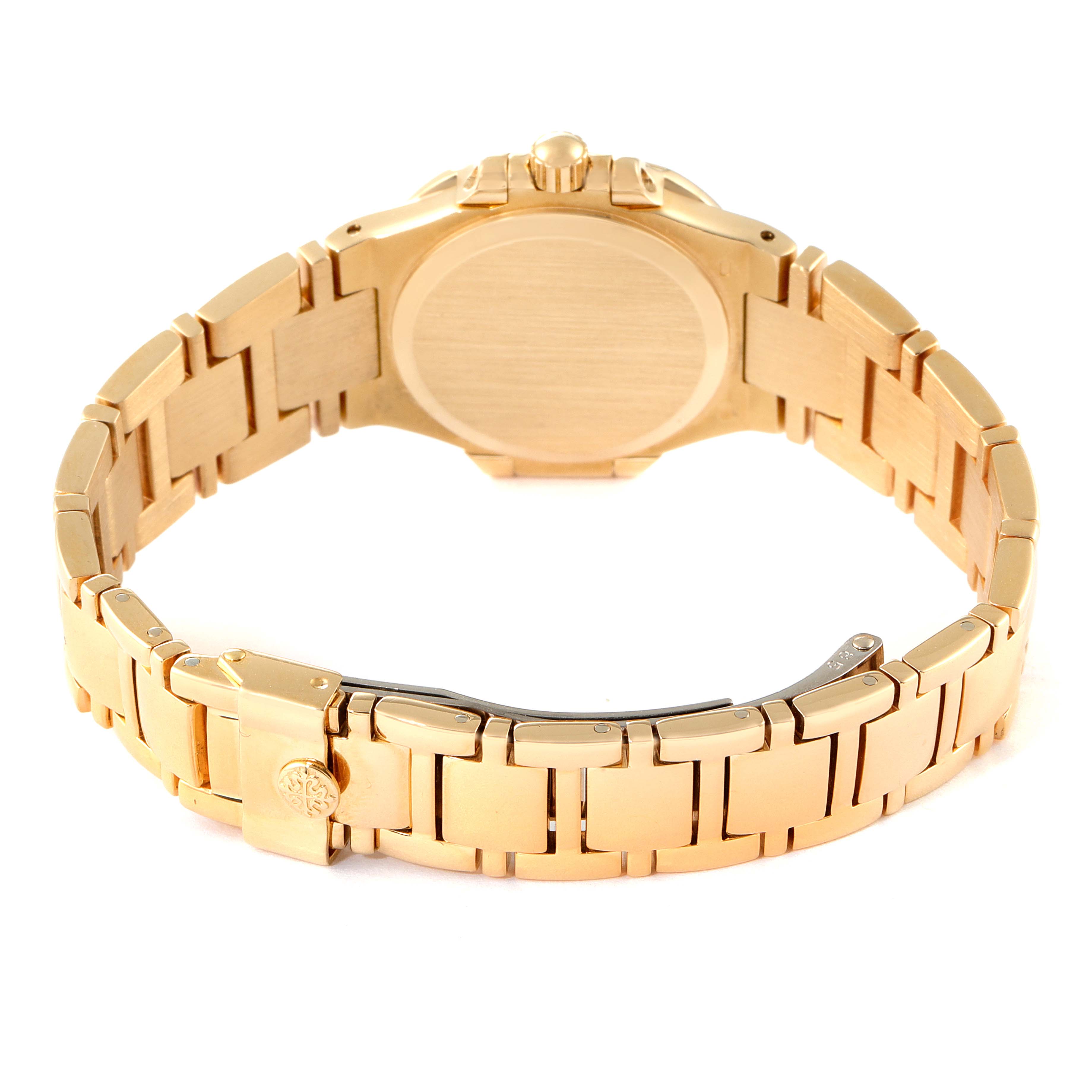 This image shows the back view of the Patek Philippe Nautilus 4700/51 Women's Yellow Gold White Dial 4700/51 Women's Yellow Gold White Dial watch, highlighting its gold bracelet and clasp.
