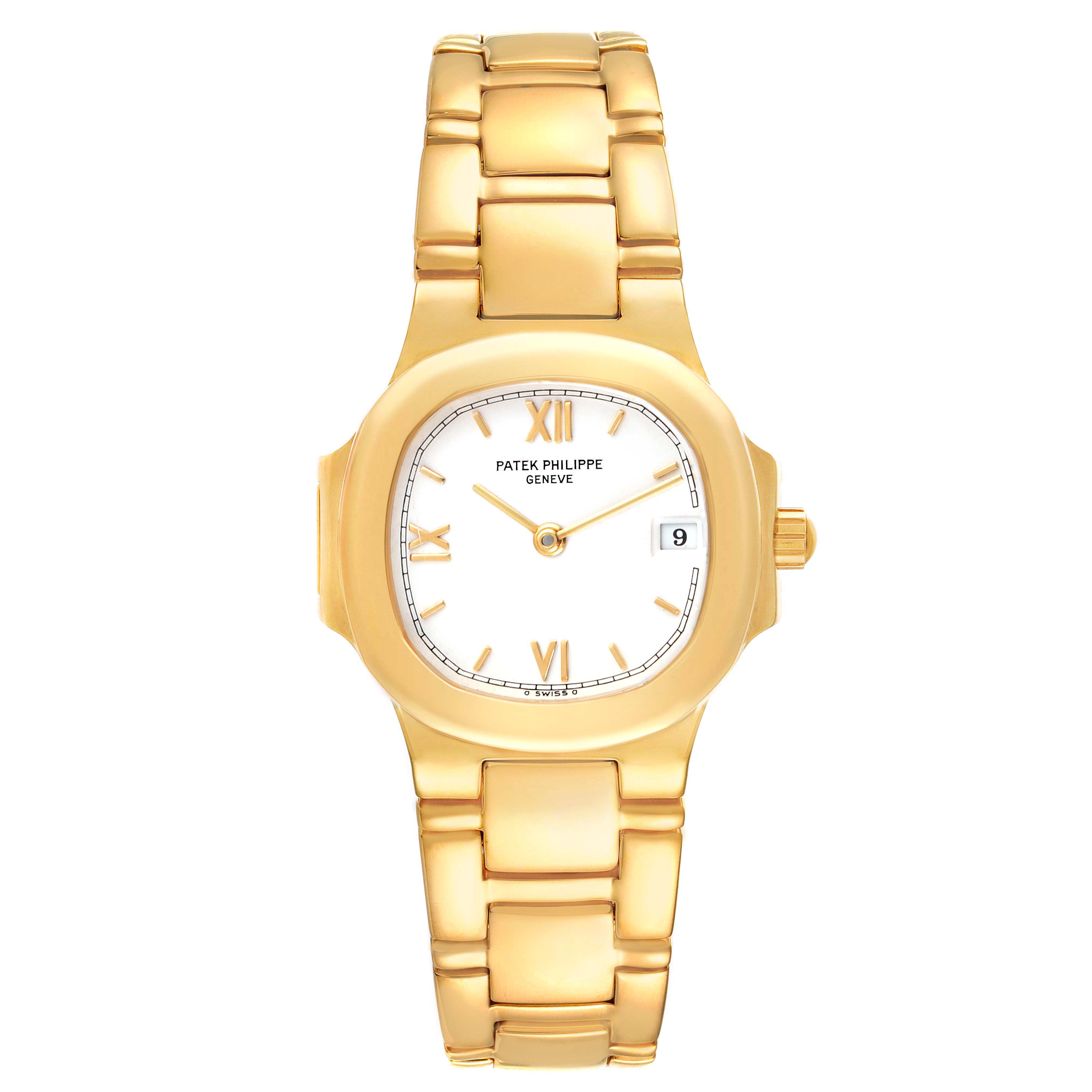 This image shows a front view of a gold Patek Philippe Nautilus 4700/51 Women's Yellow Gold White Dial 4700/51 Women's Yellow Gold White Dial watch, highlighting the face, bezel, and bracelet.