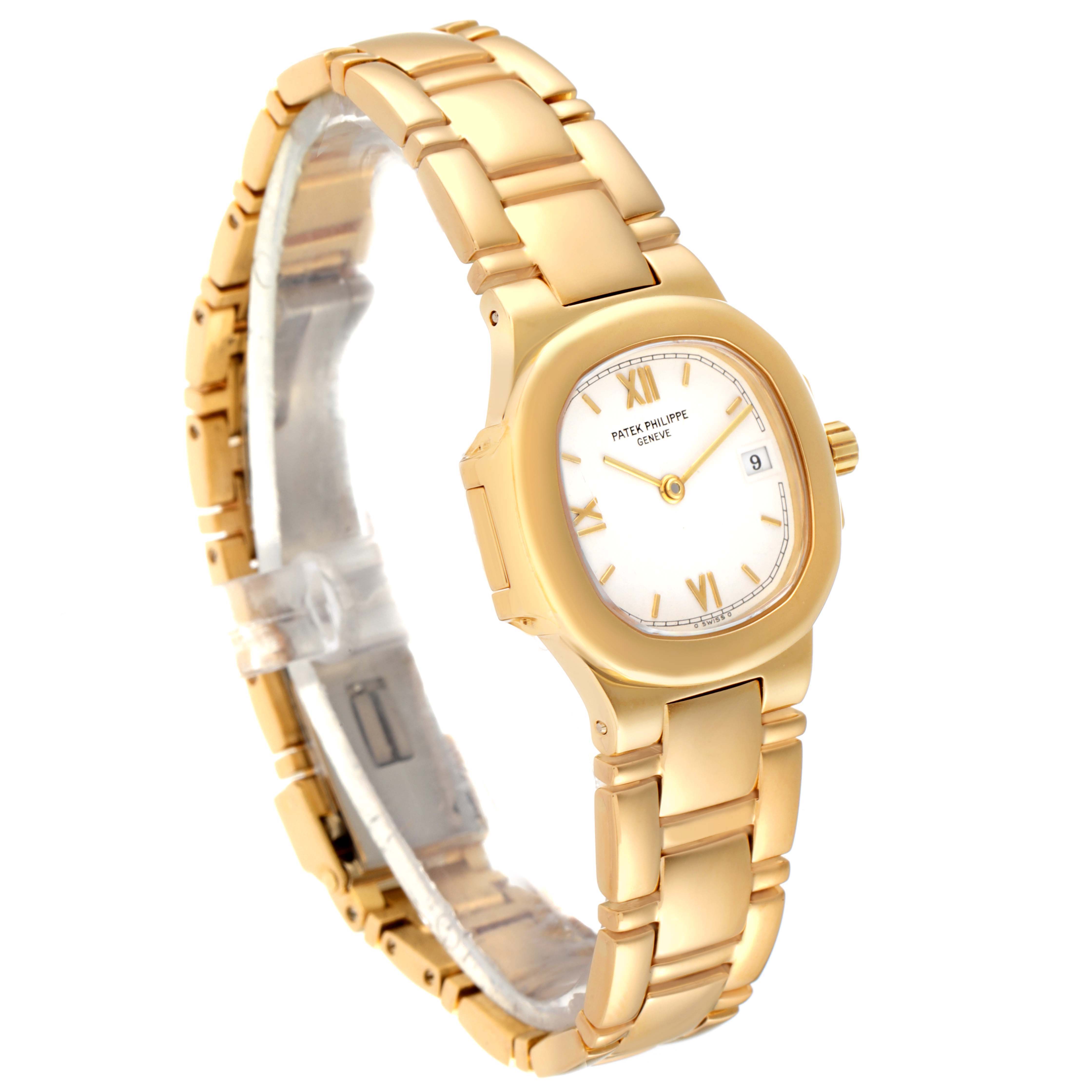 The image shows a side-angle view of a Patek Philippe Nautilus 4700/51 Women's Yellow Gold White Dial 4700/51 Women's Yellow Gold White Dial watch, featuring the face, crown, and full bracelet.