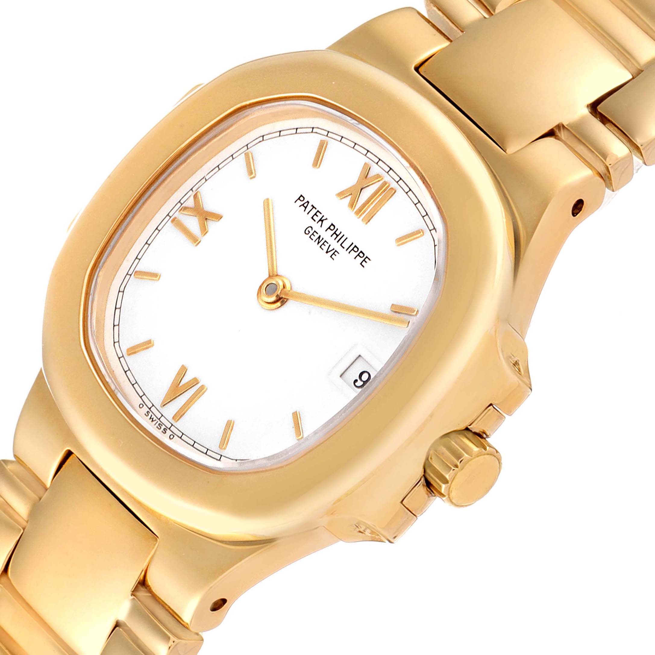 The image shows a close-up angled view of the Patek Philippe Nautilus 4700/51 Women's Yellow Gold White Dial 4700/51 Women's Yellow Gold White Dial watch, focusing on the dial, hands, crown, and part of the bracelet.