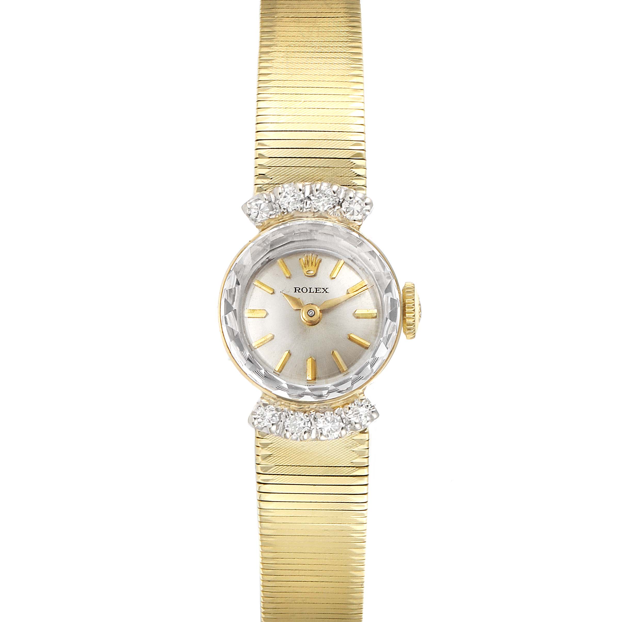 The image shows a front view of the Rolex Cocktail  Women's Yellow Gold Silver Dial  Women's Yellow Gold Silver Dial model watch, displaying the face, dial, and band.