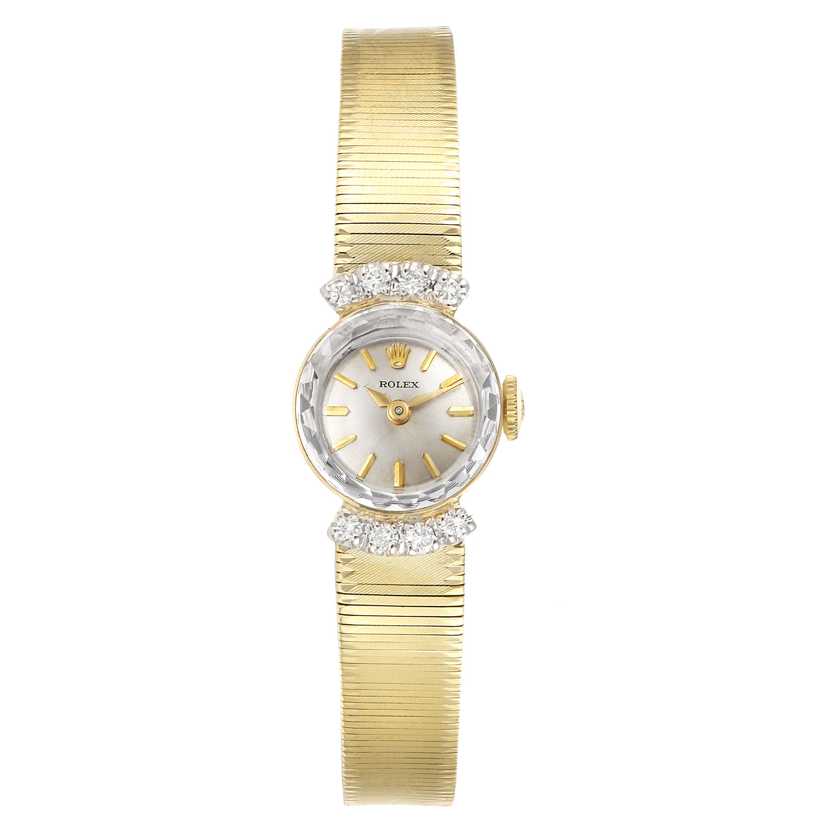This image shows the front view of the Rolex Cocktail  Women's Yellow Gold Silver Dial  Women's Yellow Gold Silver Dial model watch, highlighting its watch face, case, and bracelet.