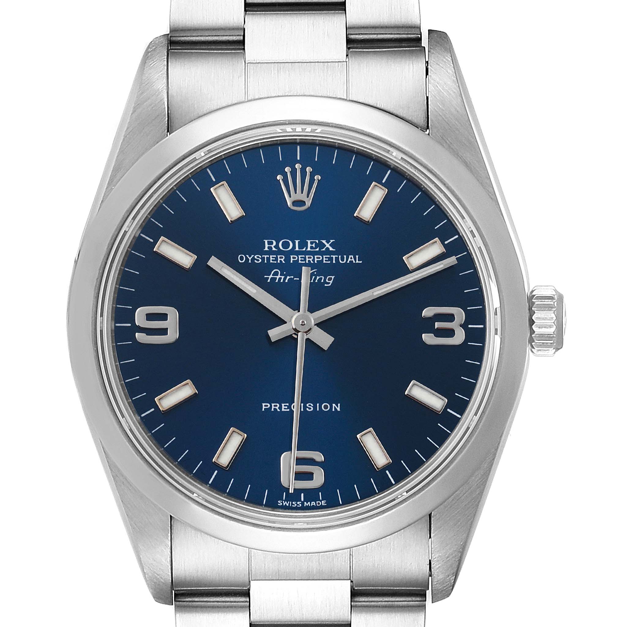 The Rolex Air-King 14000 Men's Stainless Steel Blue Dial 14000 Men's Stainless Steel Blue Dial watch shown is angled directly from the front, highlighting the face, bezel, and bracelet.