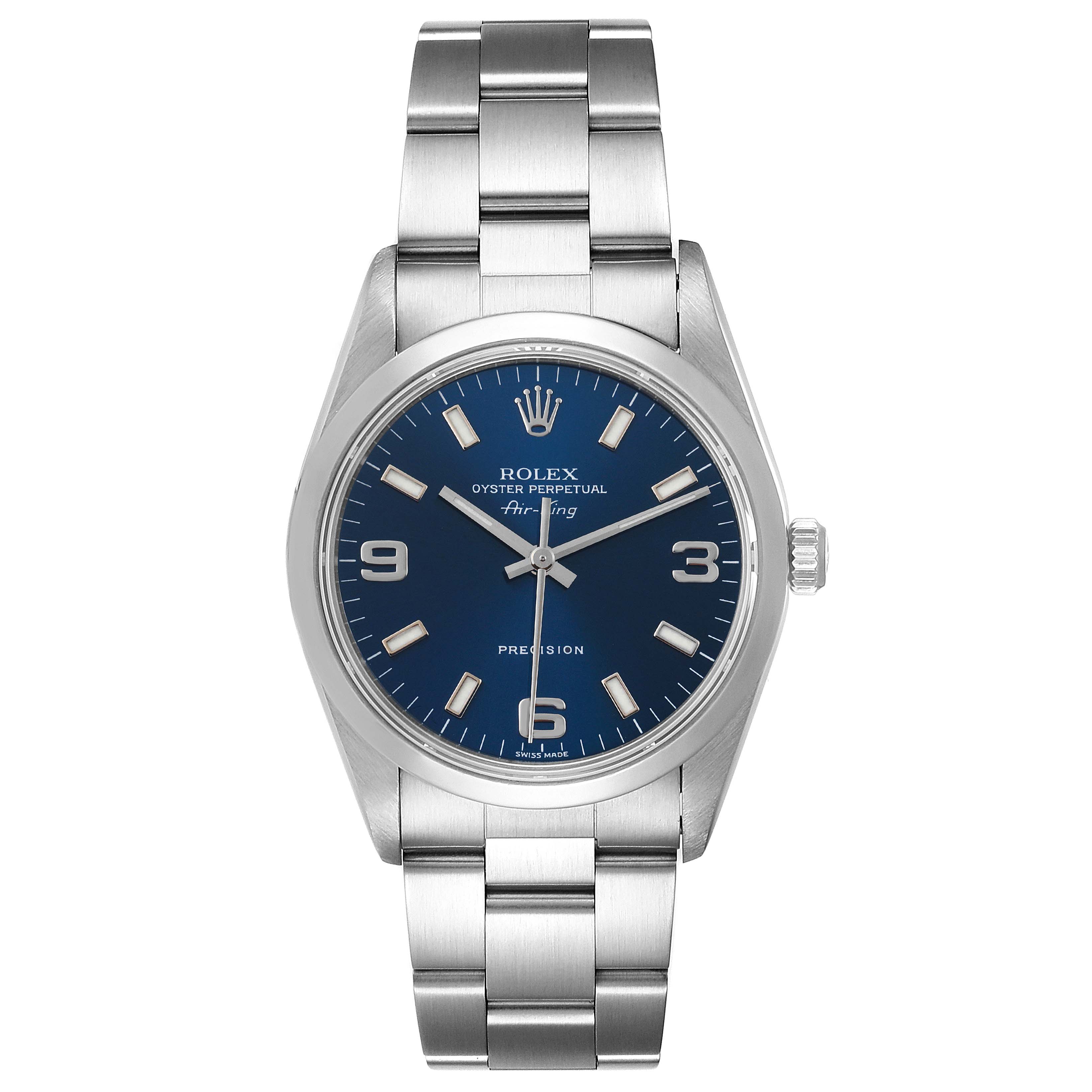 The image shows a front view of the Rolex Air-King 14000 Men's Stainless Steel Blue Dial 14000 Men's Stainless Steel Blue Dial watch, displaying its blue dial, hour markers, and metal bracelet.