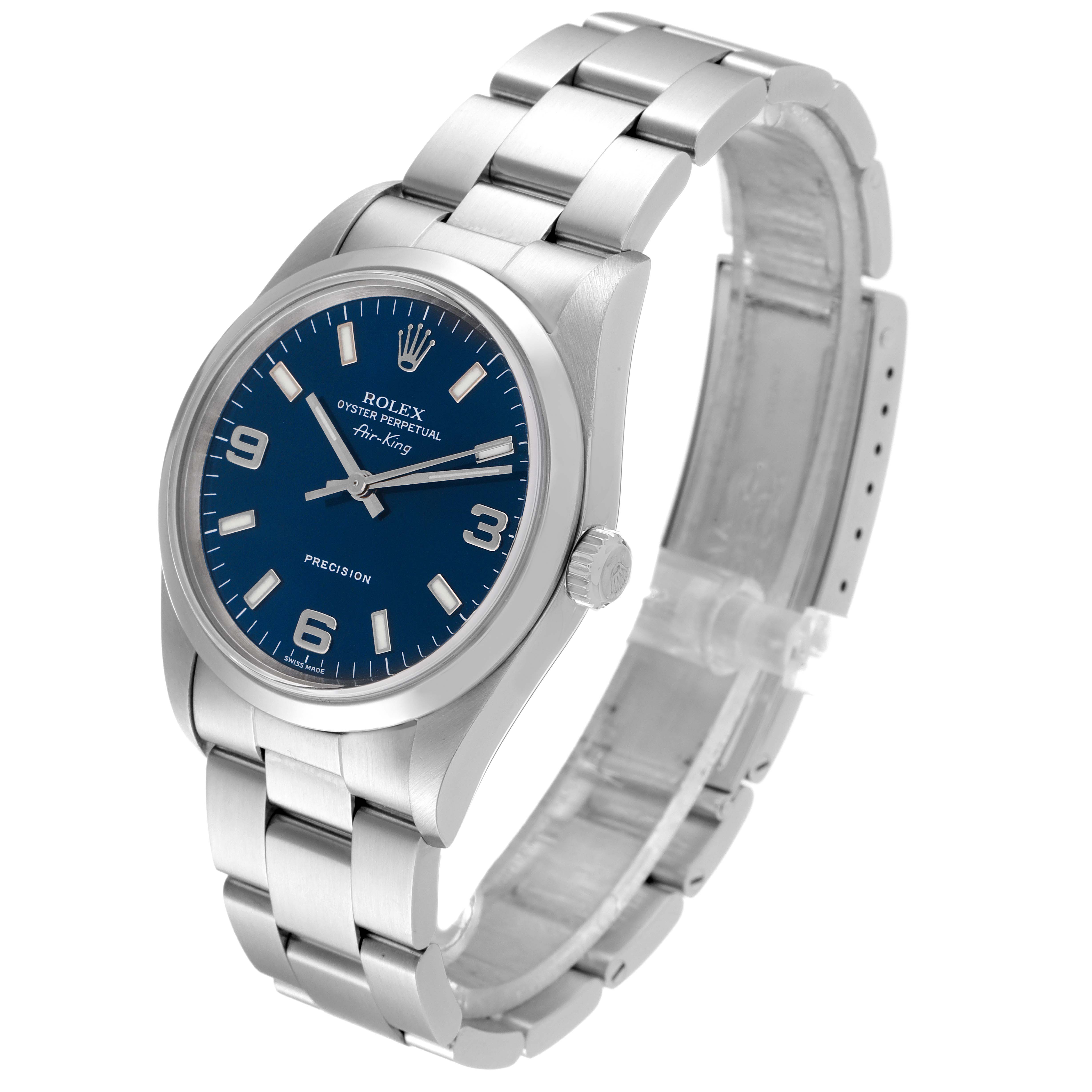 The Rolex Air-King 14000 Men's Stainless Steel Blue Dial 14000 Men's Stainless Steel Blue Dial watch is shown from a three-quarter angle, displaying the face, crown, and full bracelet.