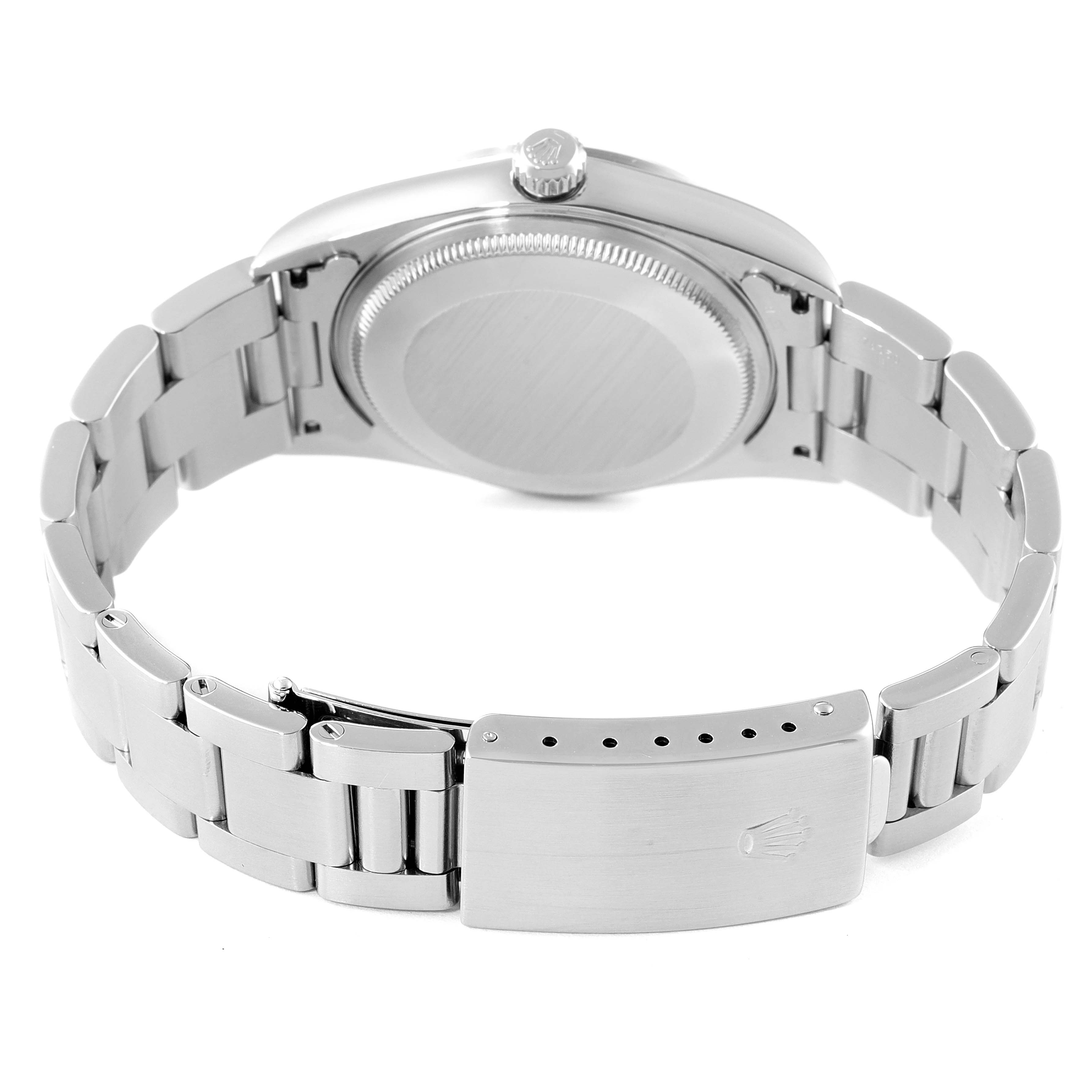 The image shows the back view of a Rolex Air-King 14000 Men's Stainless Steel Blue Dial 14000 Men's Stainless Steel Blue Dial watch, highlighting the case back, crown, and bracelet with the clasp.