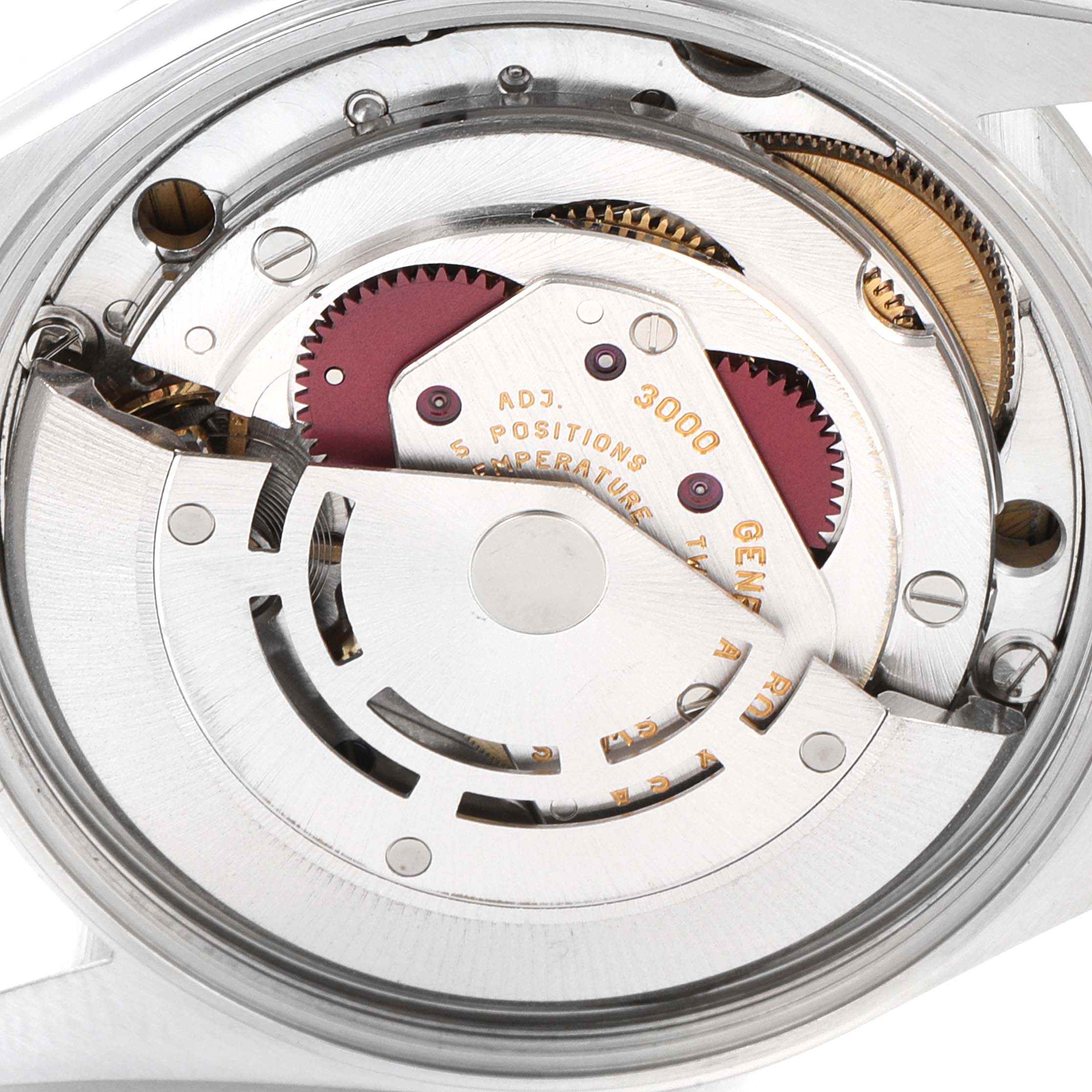 The image shows the internal mechanism of a Rolex Air-King 14000 Men's Stainless Steel Blue Dial 14000 Men's Stainless Steel Blue Dial watch at a close-up angle, highlighting gears and components.