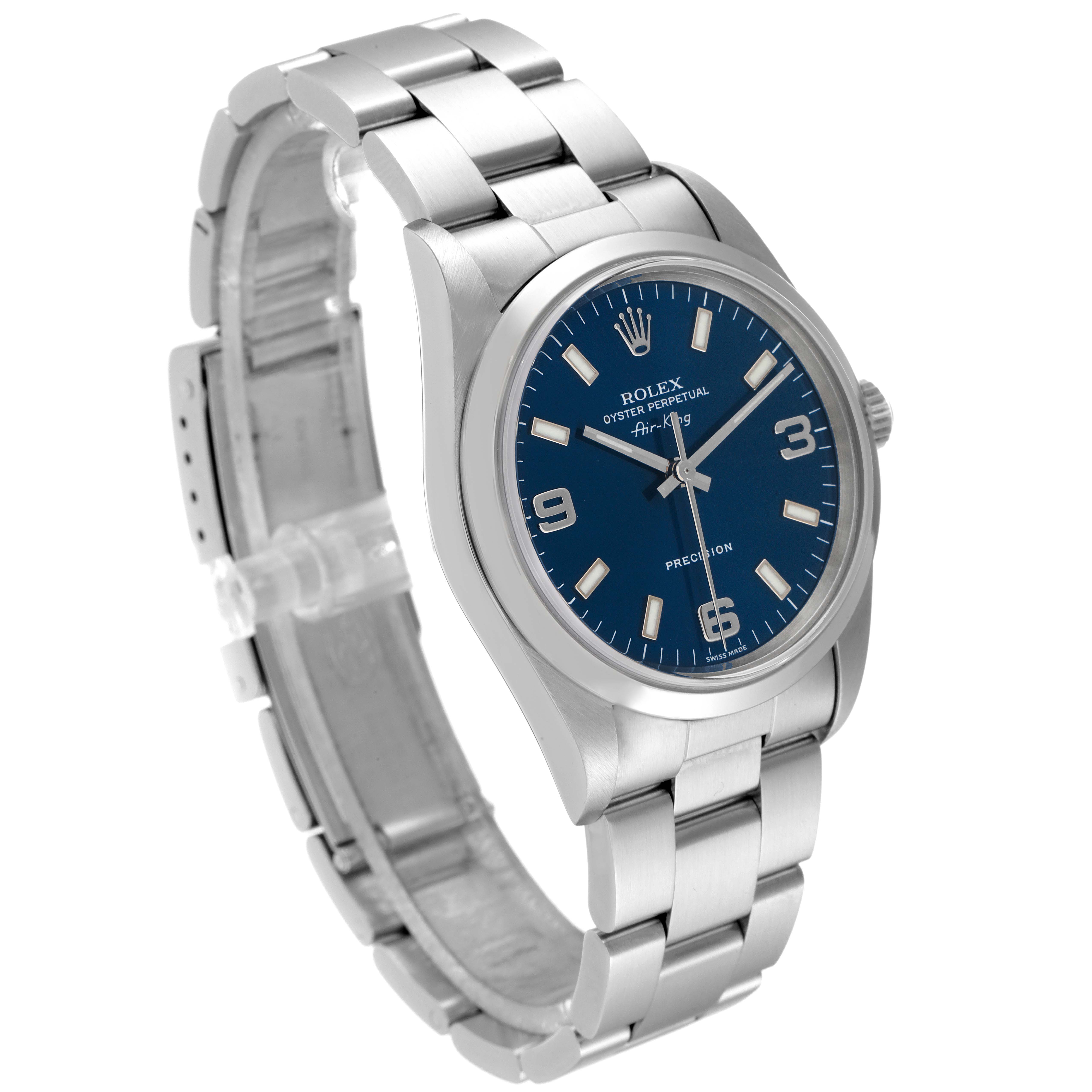 The image shows a Rolex Air-King 14000 Men's Stainless Steel Blue Dial 14000 Men's Stainless Steel Blue Dial watch at a slight angle, highlighting its face, bezel, bracelet, and clasp.