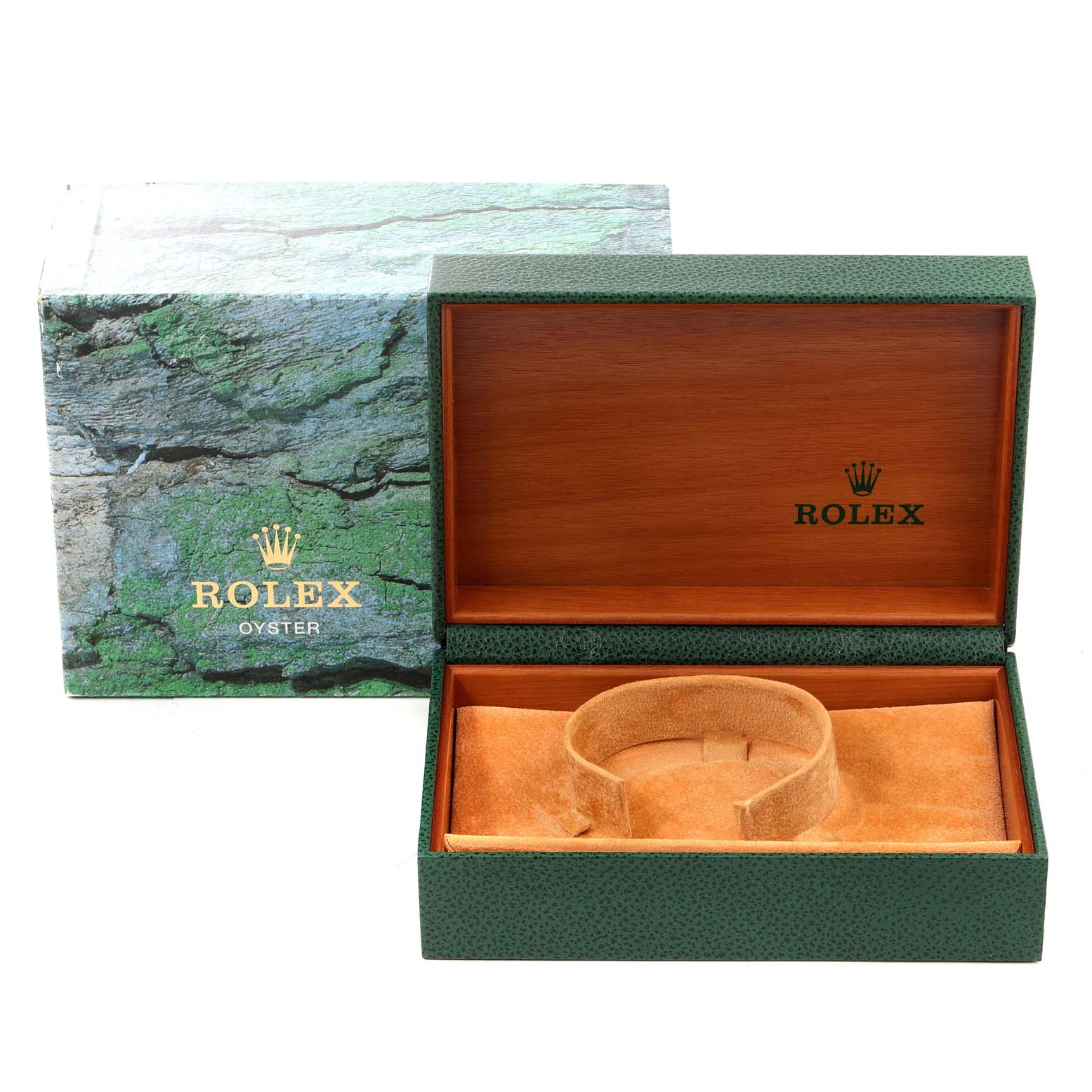 The image shows the open presentation box for a Rolex Air-King 14000 Men's Stainless Steel Blue Dial 14000 Men's Stainless Steel Blue Dial watch, including the outer green box and inner velvet-lined case.