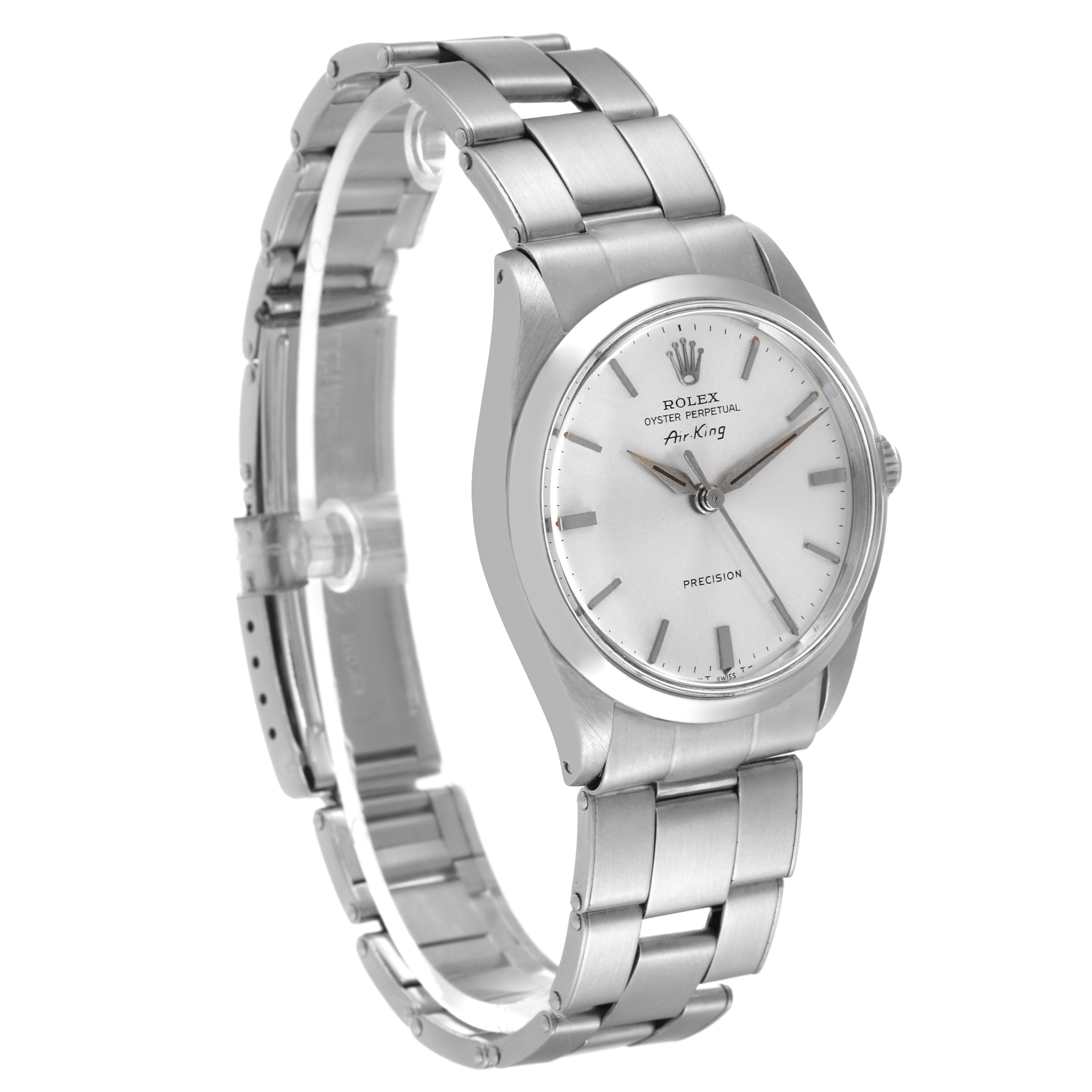 The Rolex Air-King 5500 Men's Stainless Steel Silver Dial 5500 Men's Stainless Steel Silver Dial watch is shown from a three-quarter angle, displaying the face, bezel, and metal bracelet.
