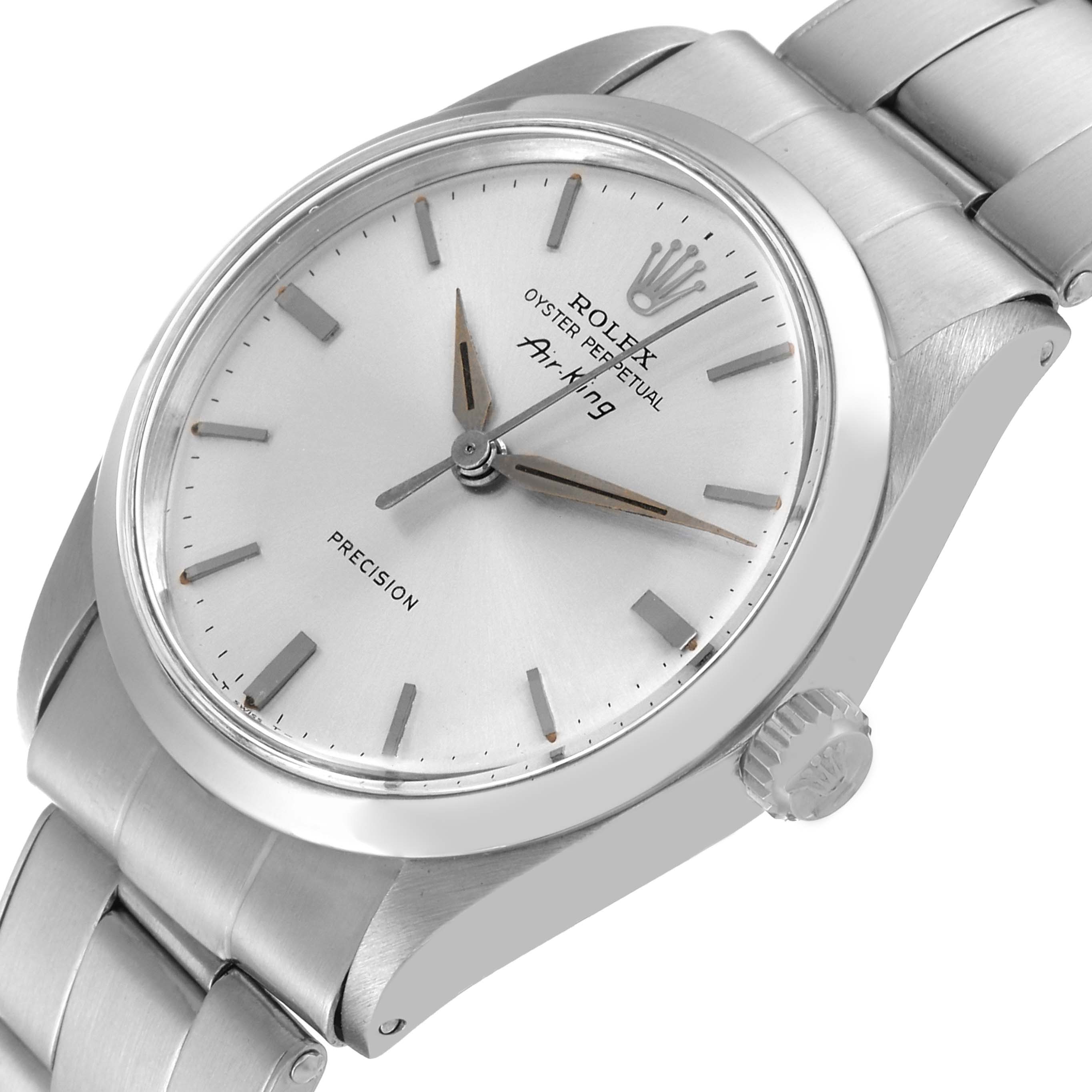 This is a close-up image of a Rolex Air-King 5500 Men's Stainless Steel Silver Dial 5500 Men's Stainless Steel Silver Dial watch showing the dial, crown, and part of the bracelet at an angled side view.