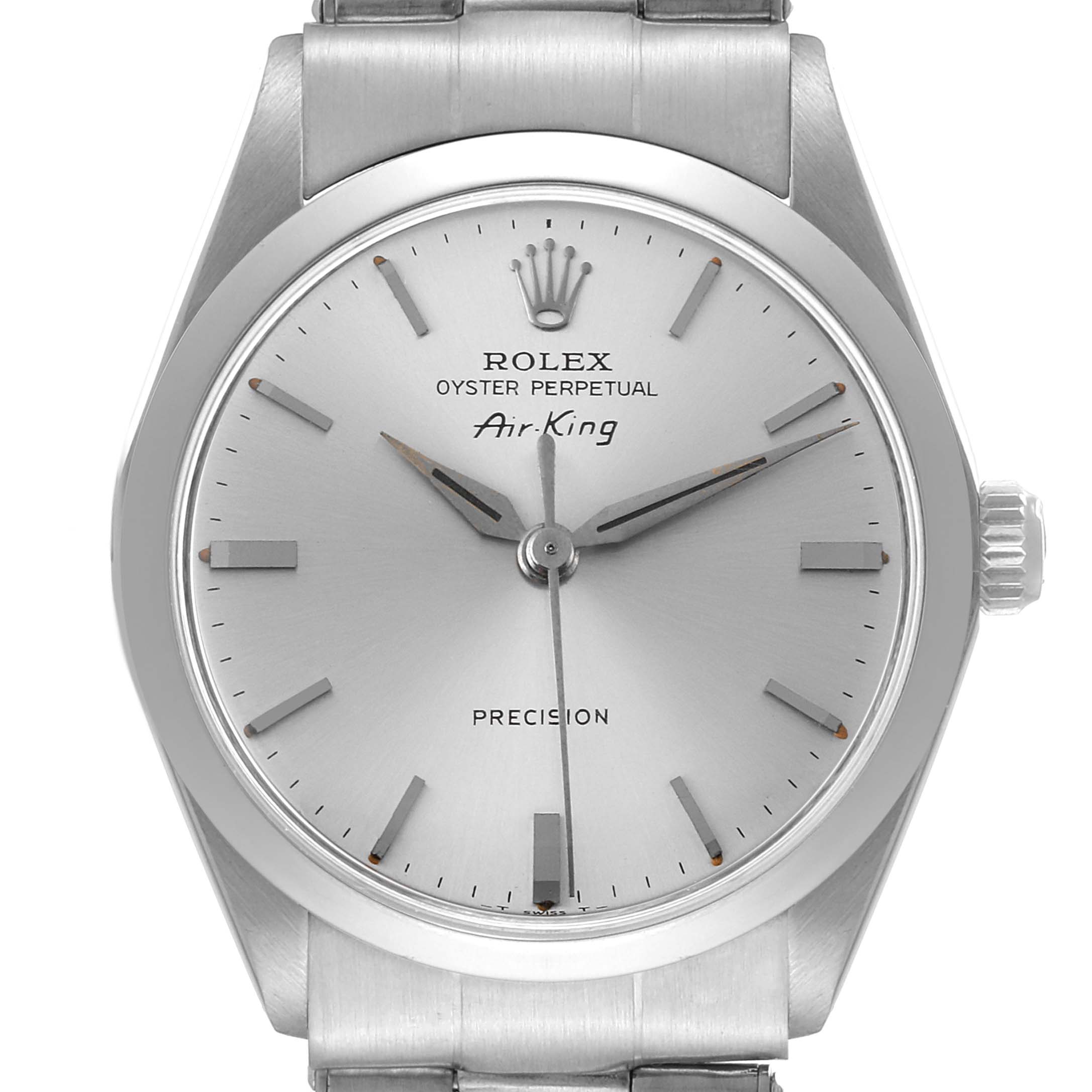 This is a frontal close-up of a Rolex Air-King 5500 Men's Stainless Steel Silver Dial 5500 Men's Stainless Steel Silver Dial watch, showing the dial, hour markers, and part of the bracelet.
