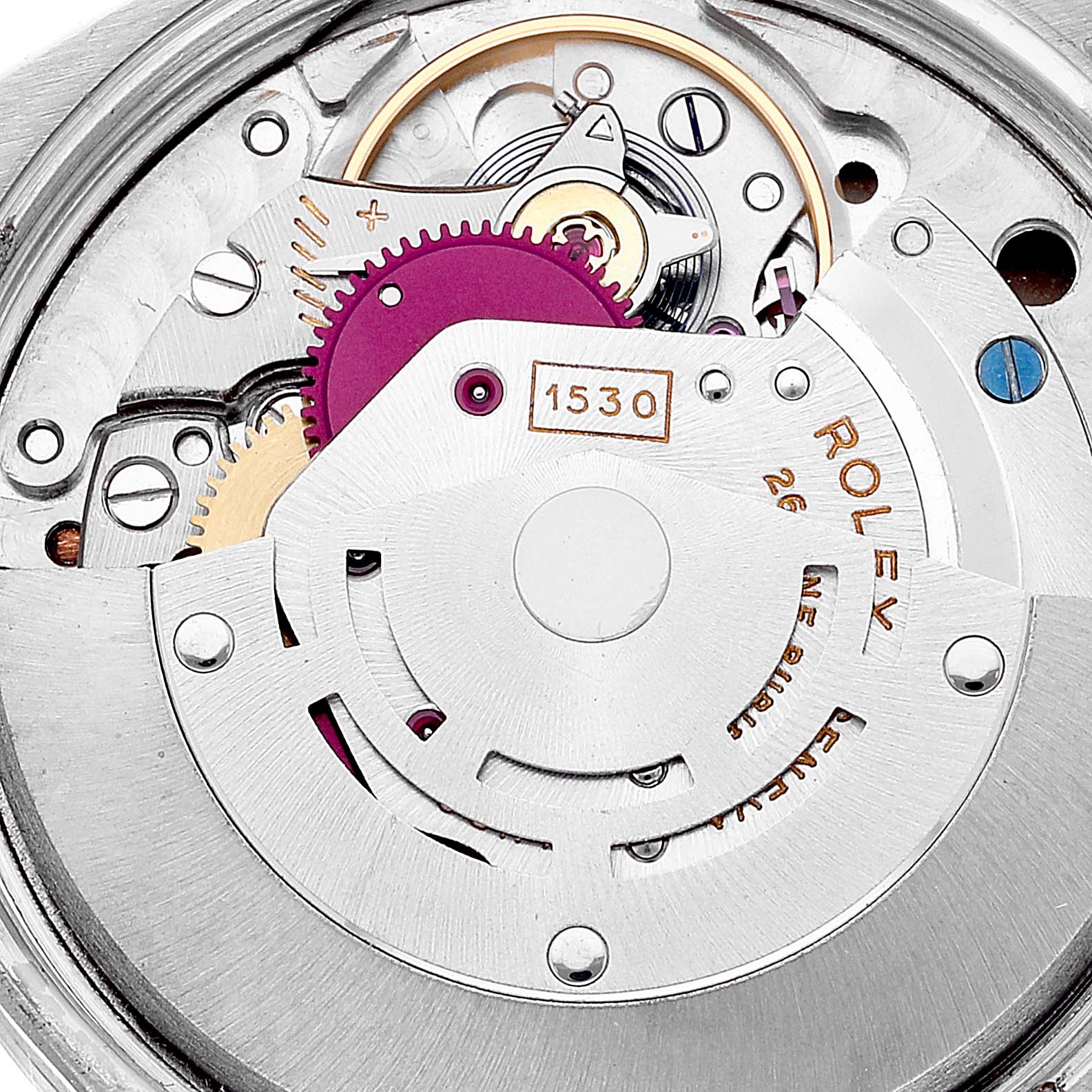 This is a close-up view of the internal mechanism of a Rolex Air-King 5500 Men's Stainless Steel Silver Dial 5500 Men's Stainless Steel Silver Dial watch, focusing on its movement parts.
