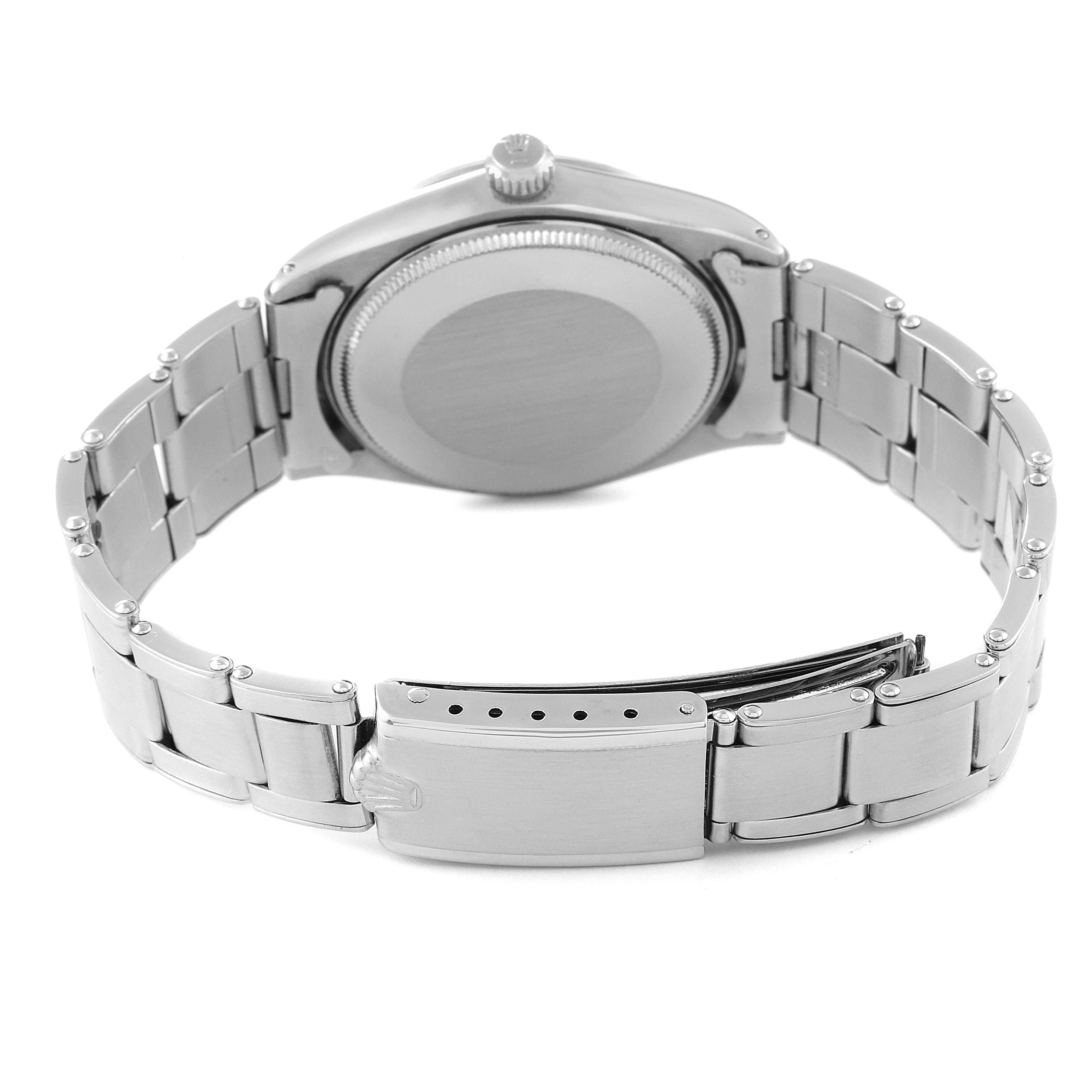 This image shows the backside and bracelet of the Rolex Air-King 5500 Men's Stainless Steel Silver Dial 5500 Men's Stainless Steel Silver Dial watch, highlighting the clasp and case back.