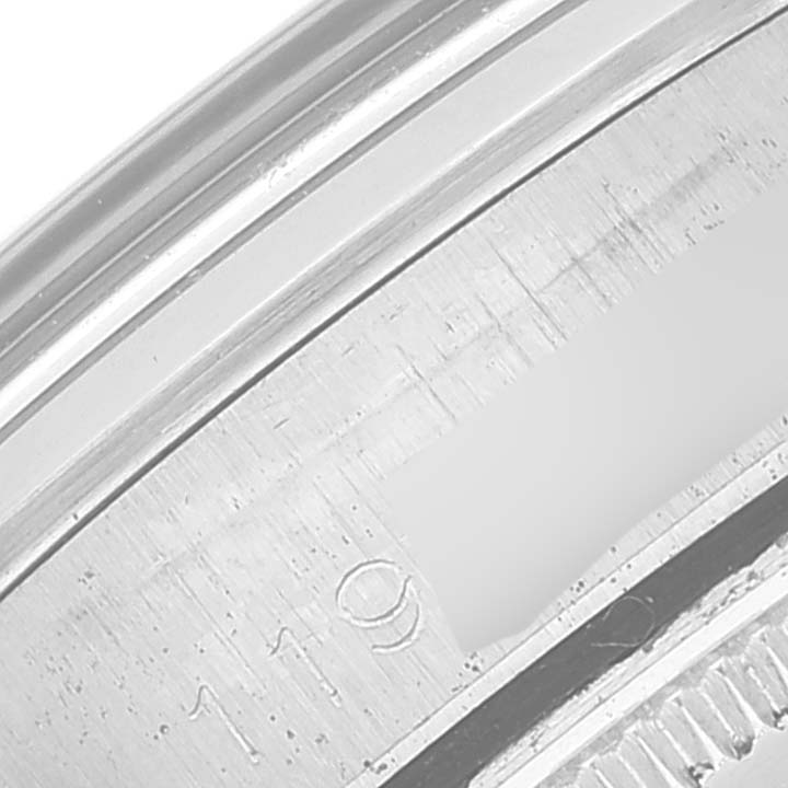 This image shows a close-up angle of the bezel and case edge of a Rolex Air-King 5500 Men's Stainless Steel Silver Dial 5500 Men's Stainless Steel Silver Dial watch, highlighting engraved numbers.