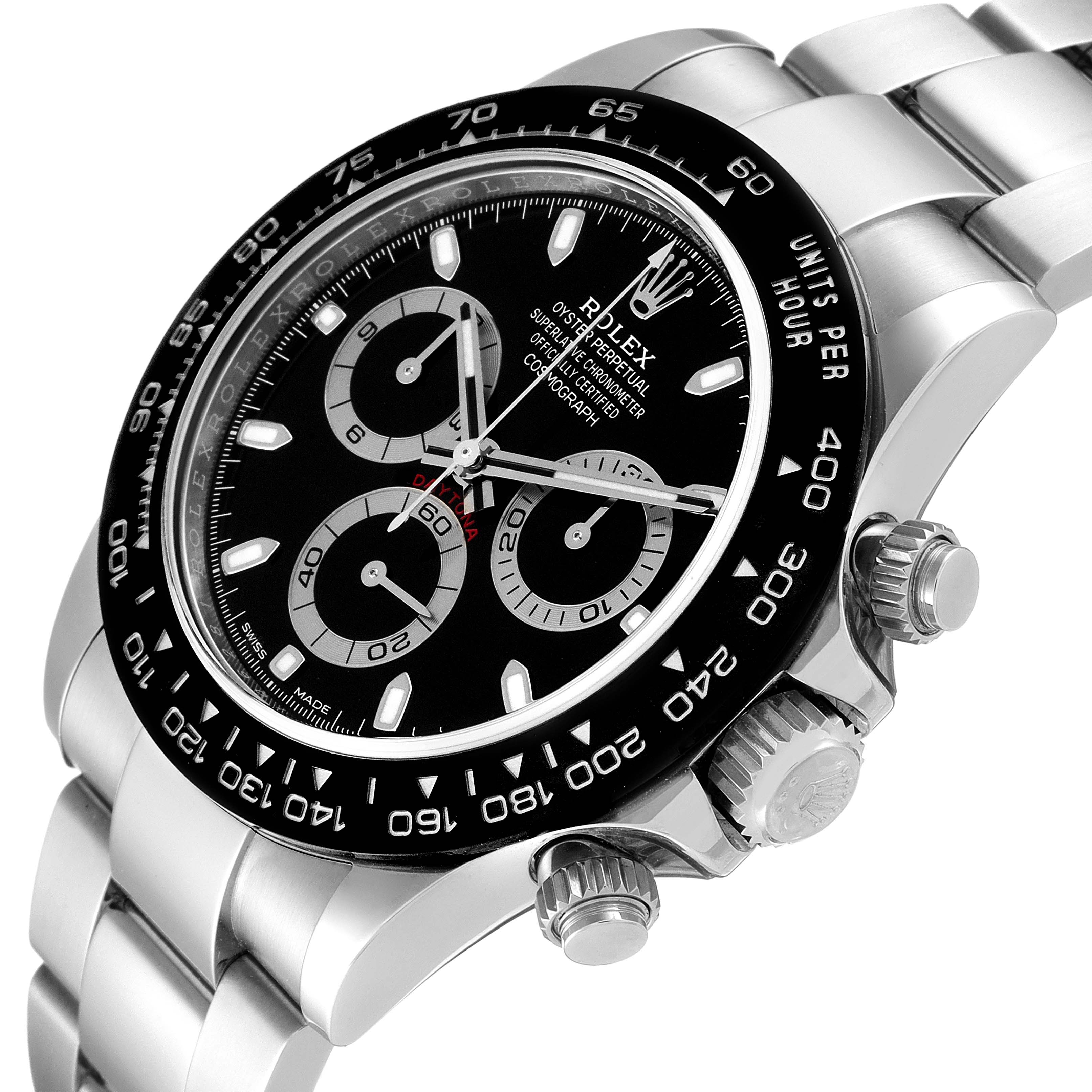 The image shows a close-up angle of the Rolex Daytona 116500 Men's Stainless Steel Black Dial 116500 Men's Stainless Steel Black Dial watch, highlighting its dial, bezel, and side crown.