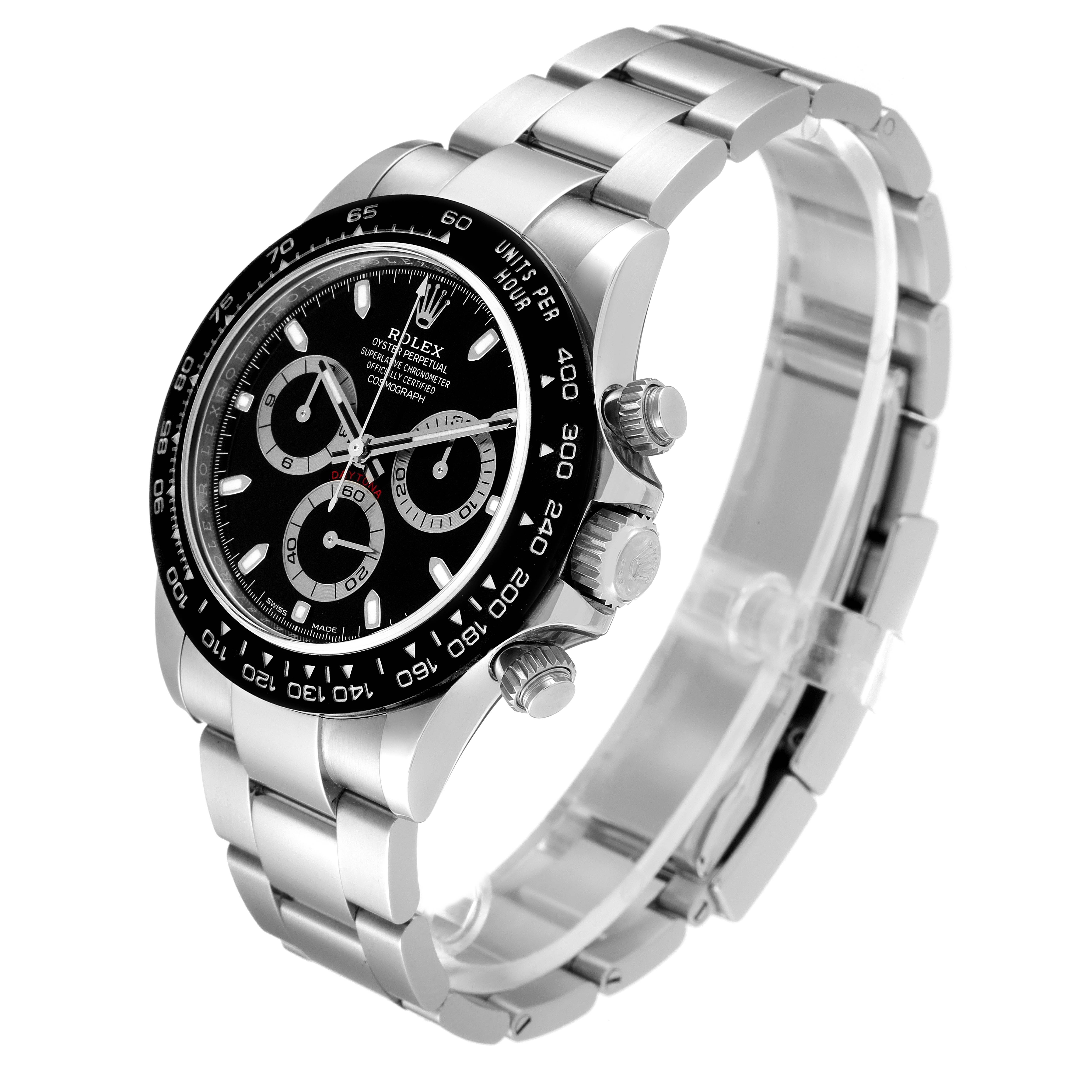 The image shows a side and front view of a Rolex Daytona 116500 Men's Stainless Steel Black Dial 116500 Men's Stainless Steel Black Dial watch with a stainless steel bracelet and chronograph features.