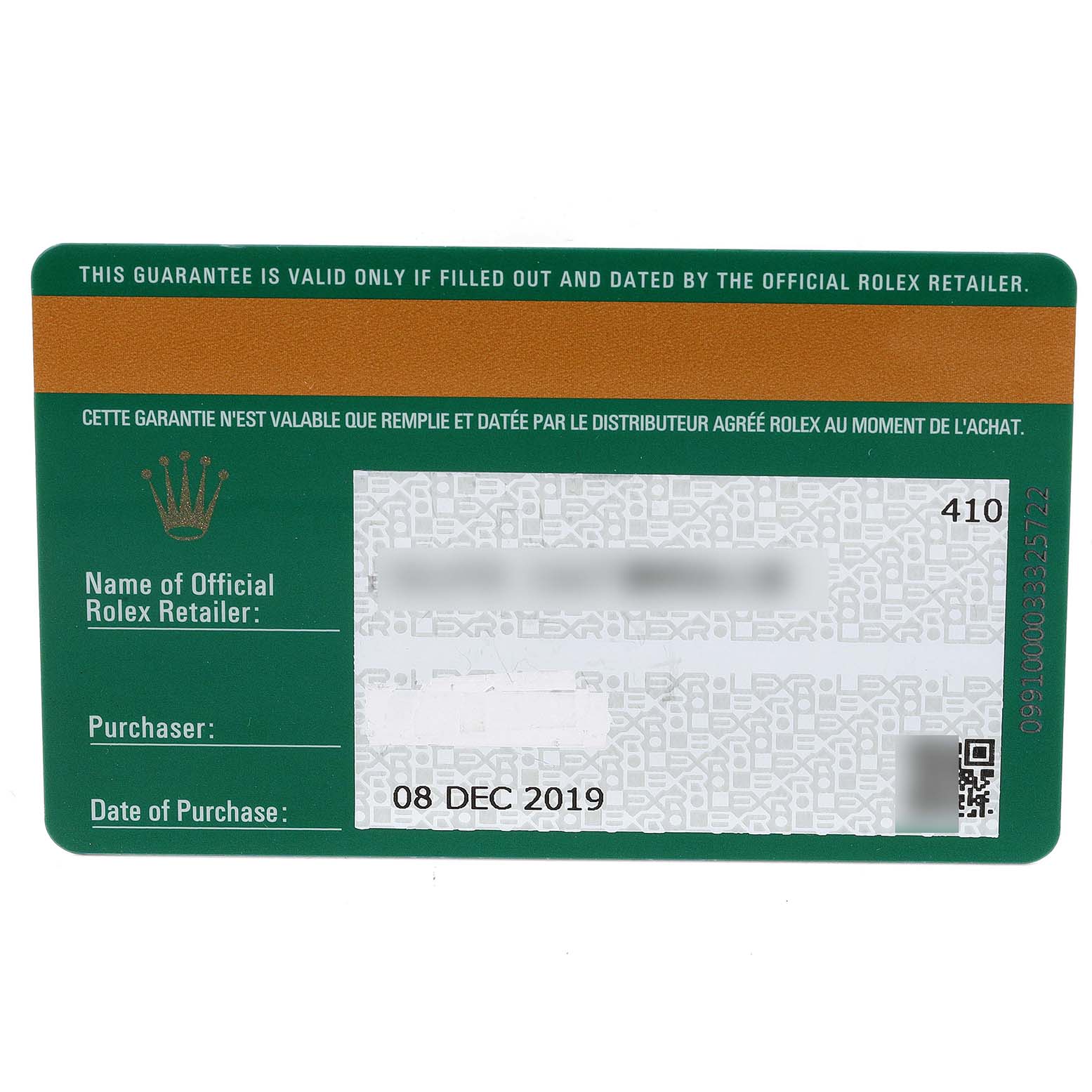 This image shows an official guarantee card for a Rolex Daytona 116500 Men's Stainless Steel Black Dial 116500 Men's Stainless Steel Black Dial watch.