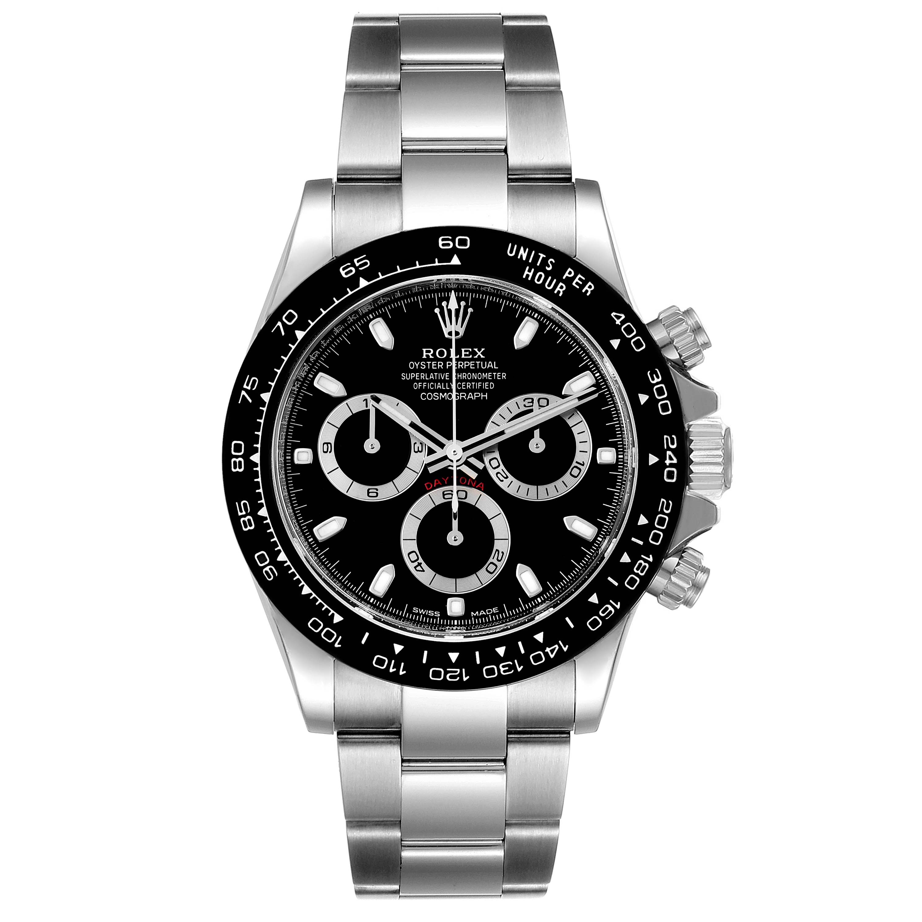 The image shows a front view of a Rolex Daytona 116500 Men's Stainless Steel Black Dial 116500 Men's Stainless Steel Black Dial watch, highlighting its stainless steel bracelet, black dial, and chronograph sub-dials.