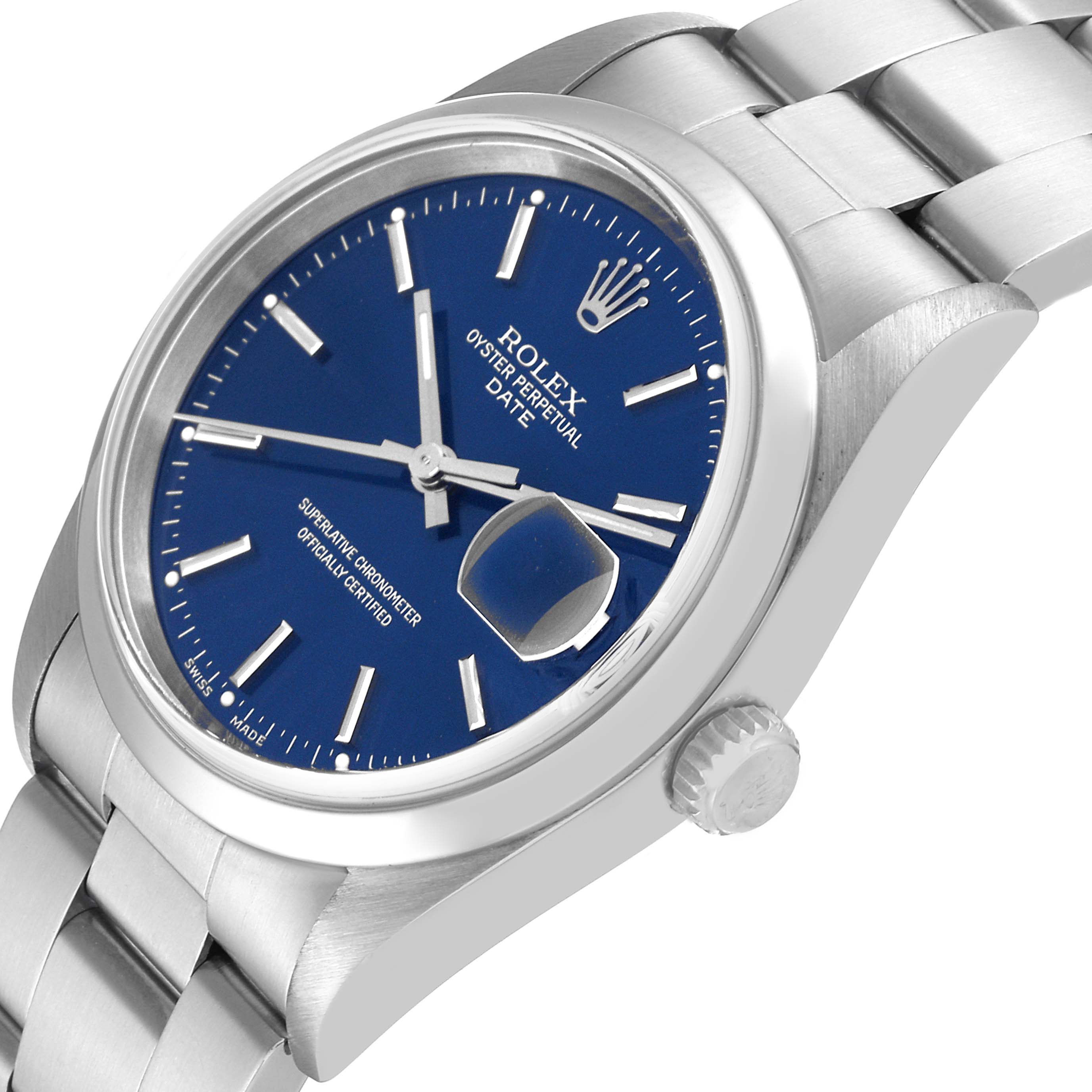 The Rolex Datejust 15200 Men's Stainless Steel Blue Dial 15200 Men's Stainless Steel Blue Dial watch is shown at an angle highlighting the blue dial, date magnifier, crown, and part of the bracelet.