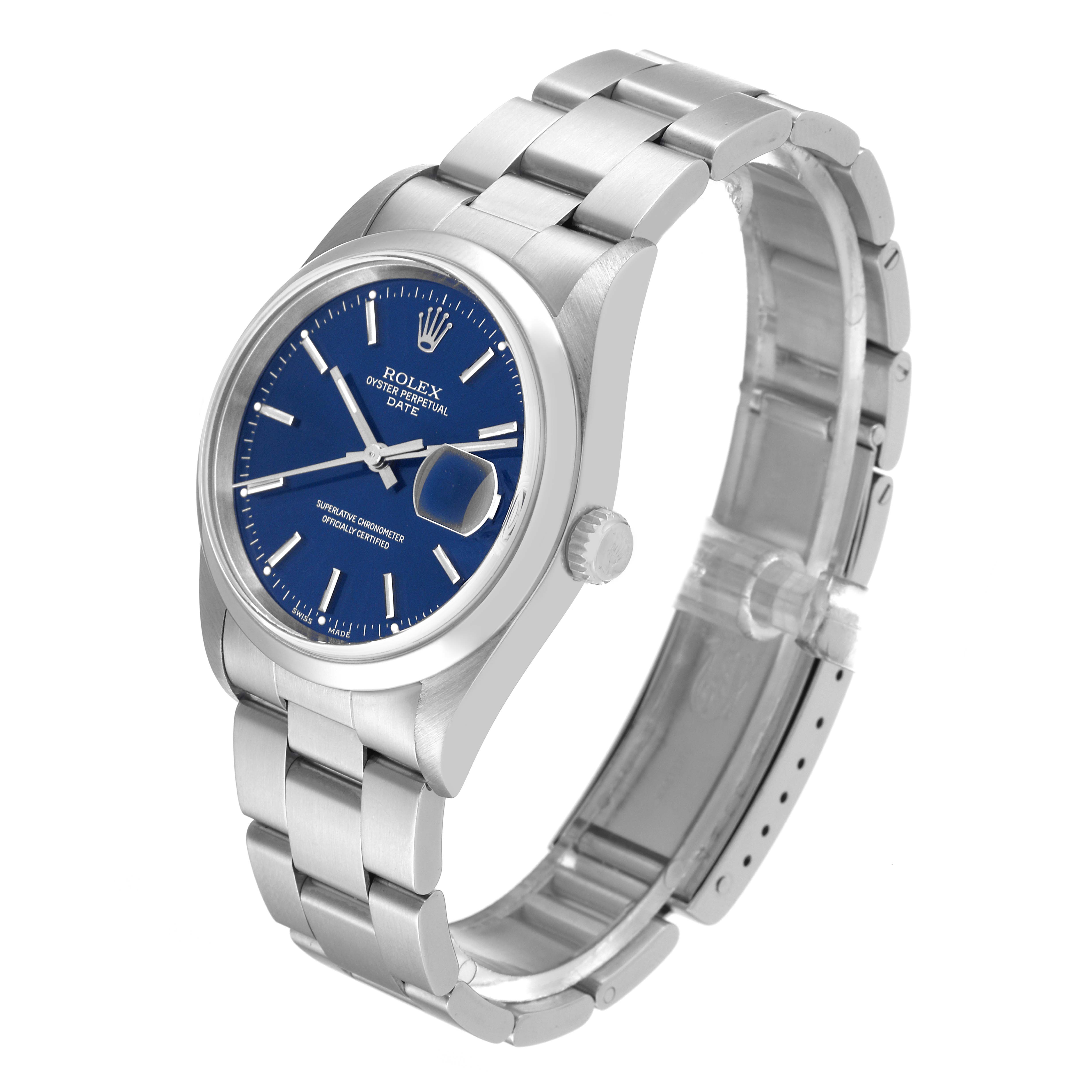 The Rolex Datejust 15200 Men's Stainless Steel Blue Dial 15200 Men's Stainless Steel Blue Dial watch is shown at a three-quarter angle, displaying the dial, case, crown, bracelet, and clasp.