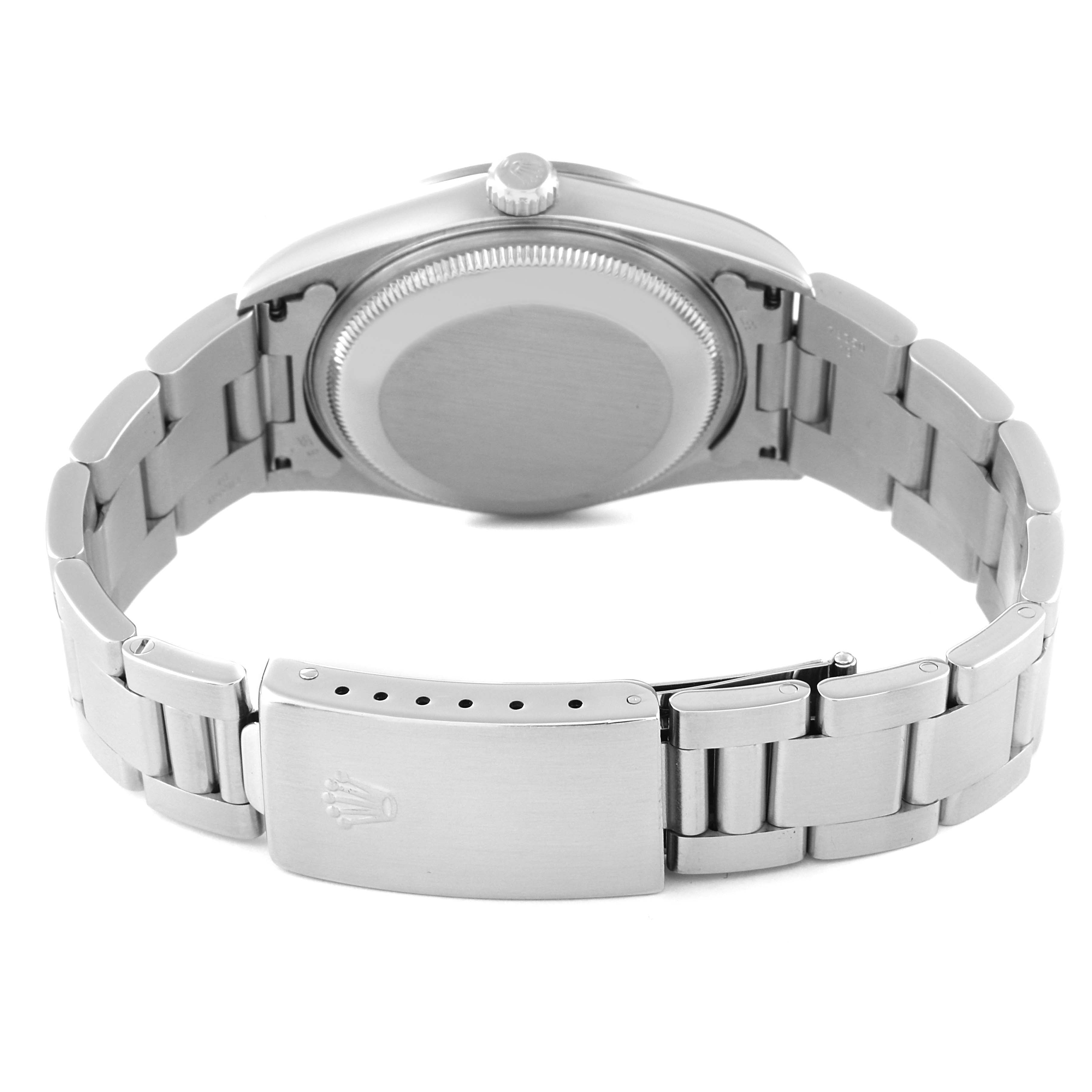 This image shows the back view of a Rolex Datejust 15200 Men's Stainless Steel Blue Dial 15200 Men's Stainless Steel Blue Dial watch, highlighting the case back, crown, and bracelet clasp.