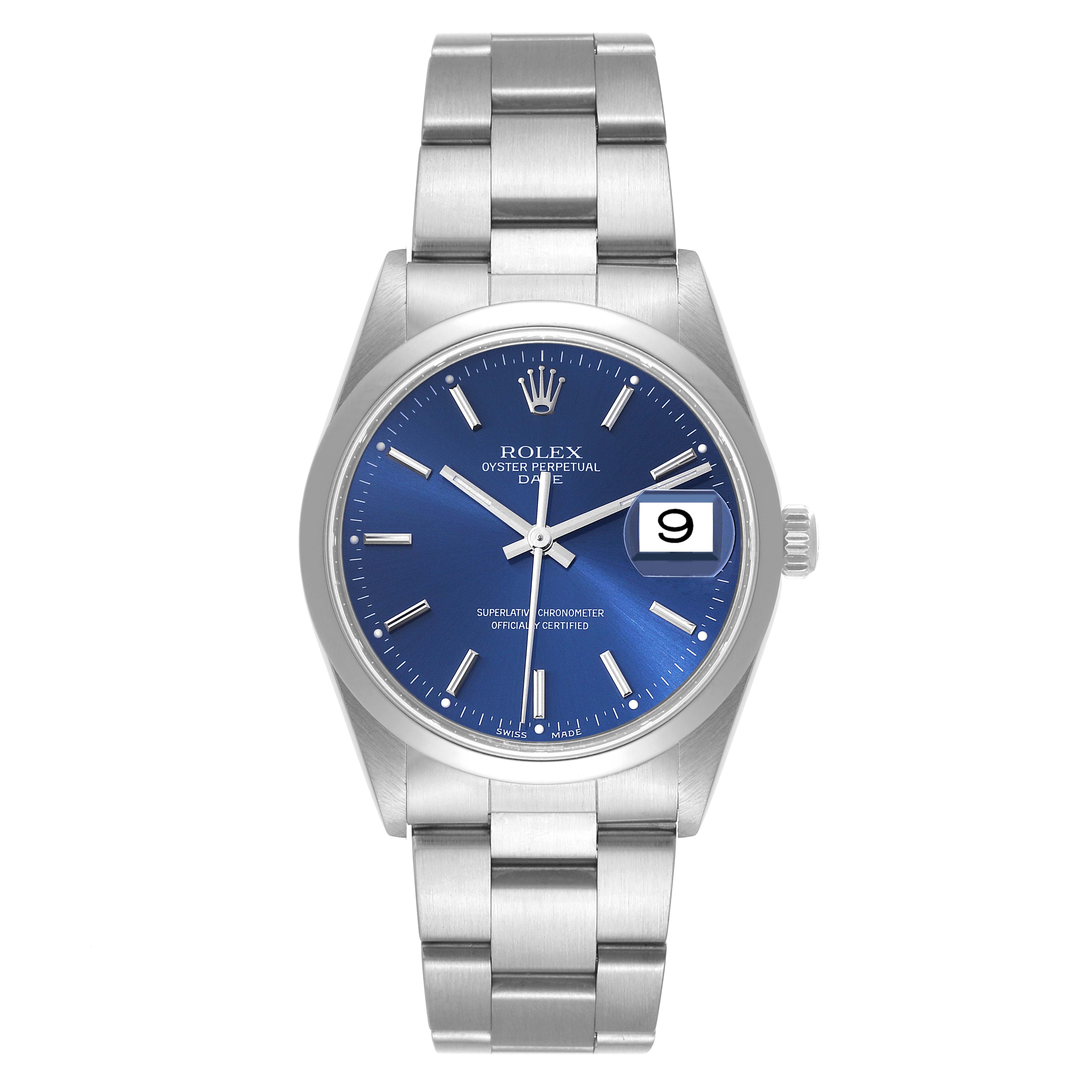 The image shows a front view of a Rolex Datejust 15200 Men's Stainless Steel Blue Dial 15200 Men's Stainless Steel Blue Dial watch, highlighting its blue dial, date window, and stainless steel bracelet.