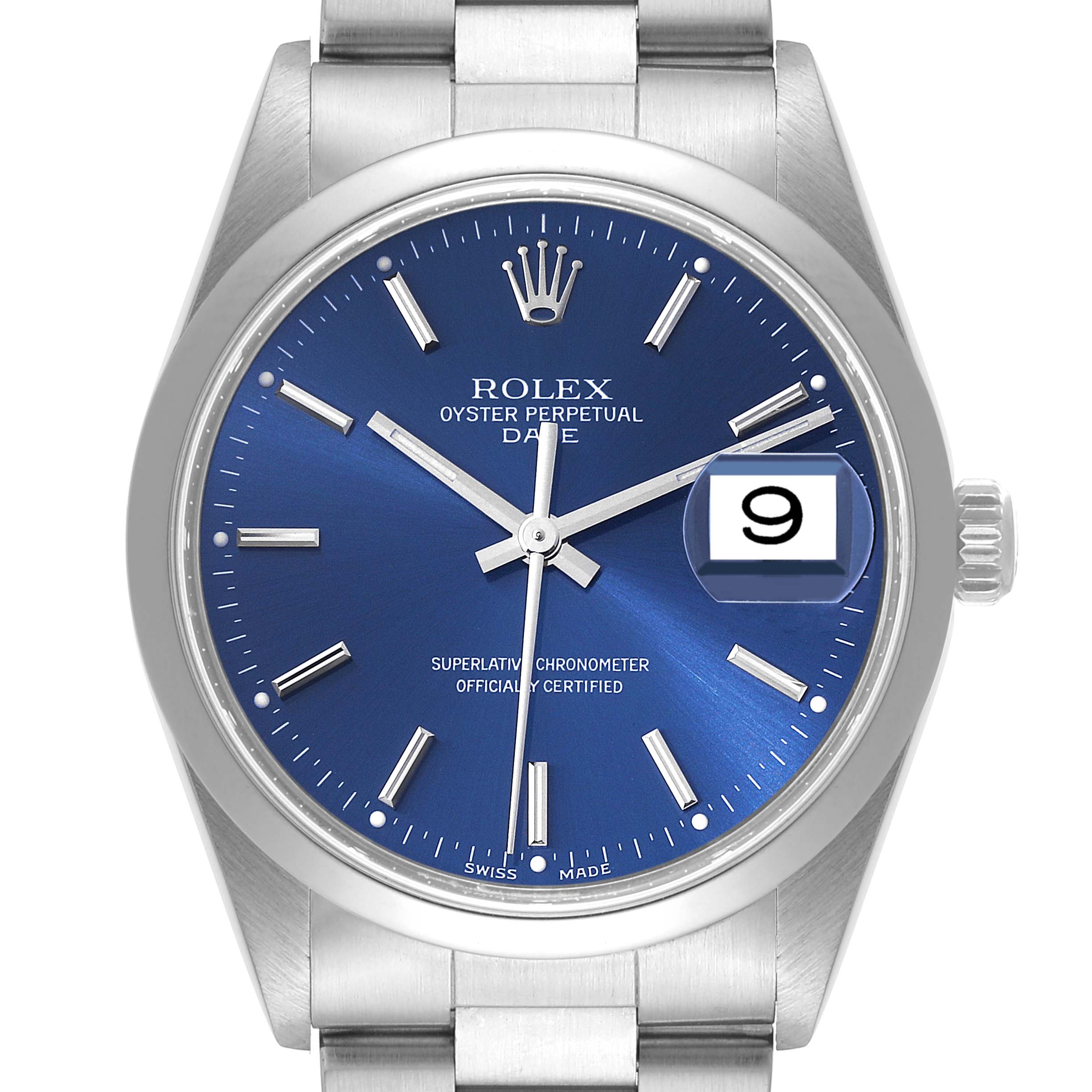 This image shows a front view of the Rolex Datejust 15200 Men's Stainless Steel Blue Dial 15200 Men's Stainless Steel Blue Dial watch, highlighting its blue dial, date window, and stainless steel bracelet.