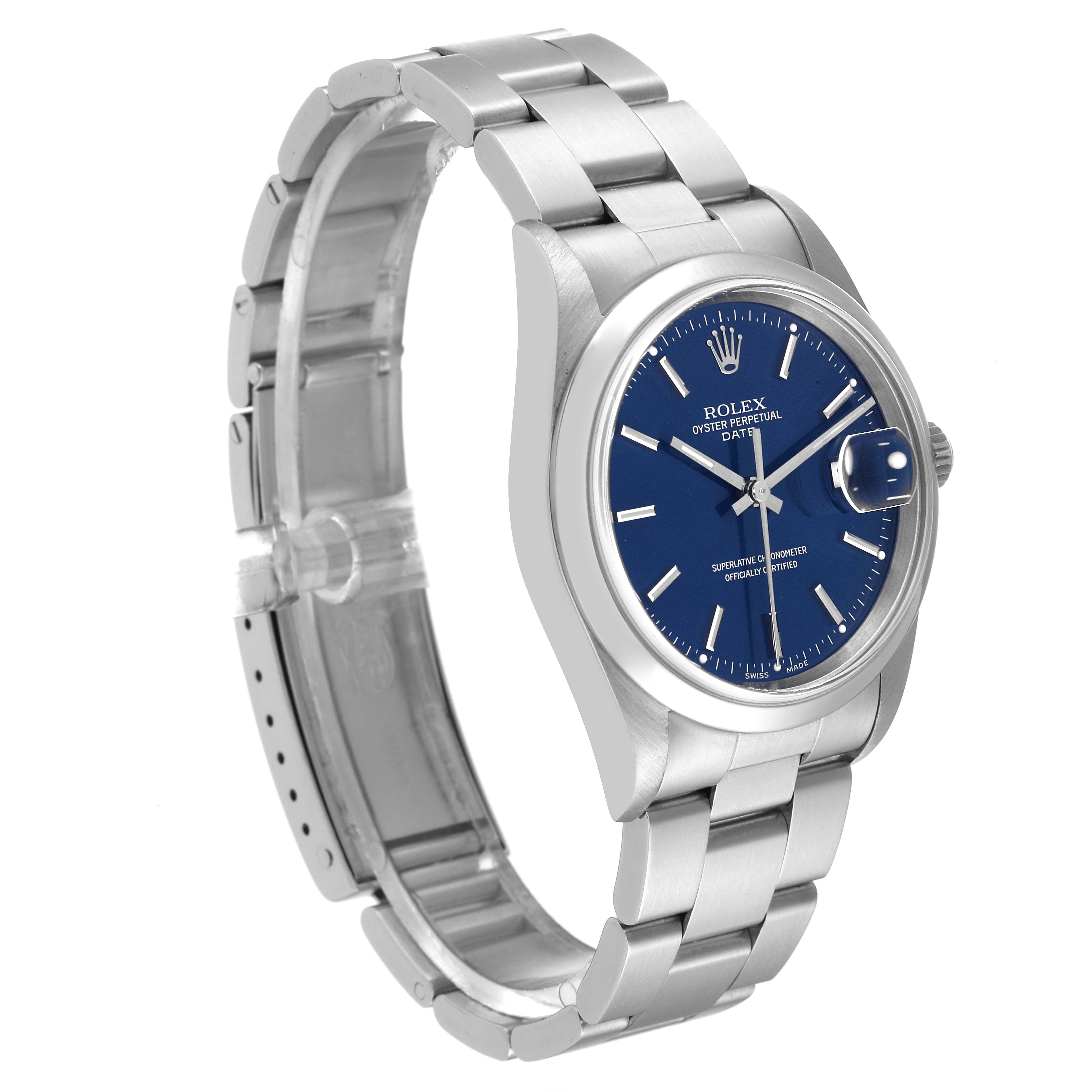 The Rolex Datejust 15200 Men's Stainless Steel Blue Dial 15200 Men's Stainless Steel Blue Dial watch is shown at a three-quarter angle, displaying the blue dial, stainless steel case, and bracelet.