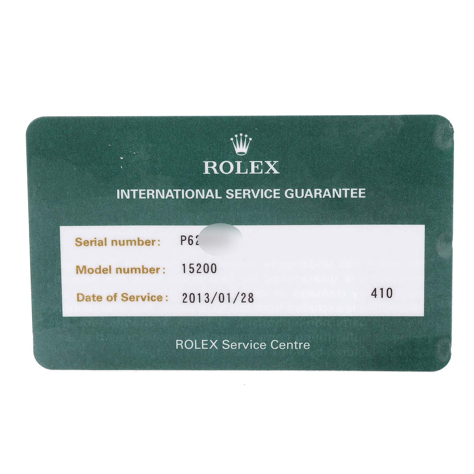 This image shows a Rolex International Service Guarantee card for the Datejust model, including serial and model numbers with service date.