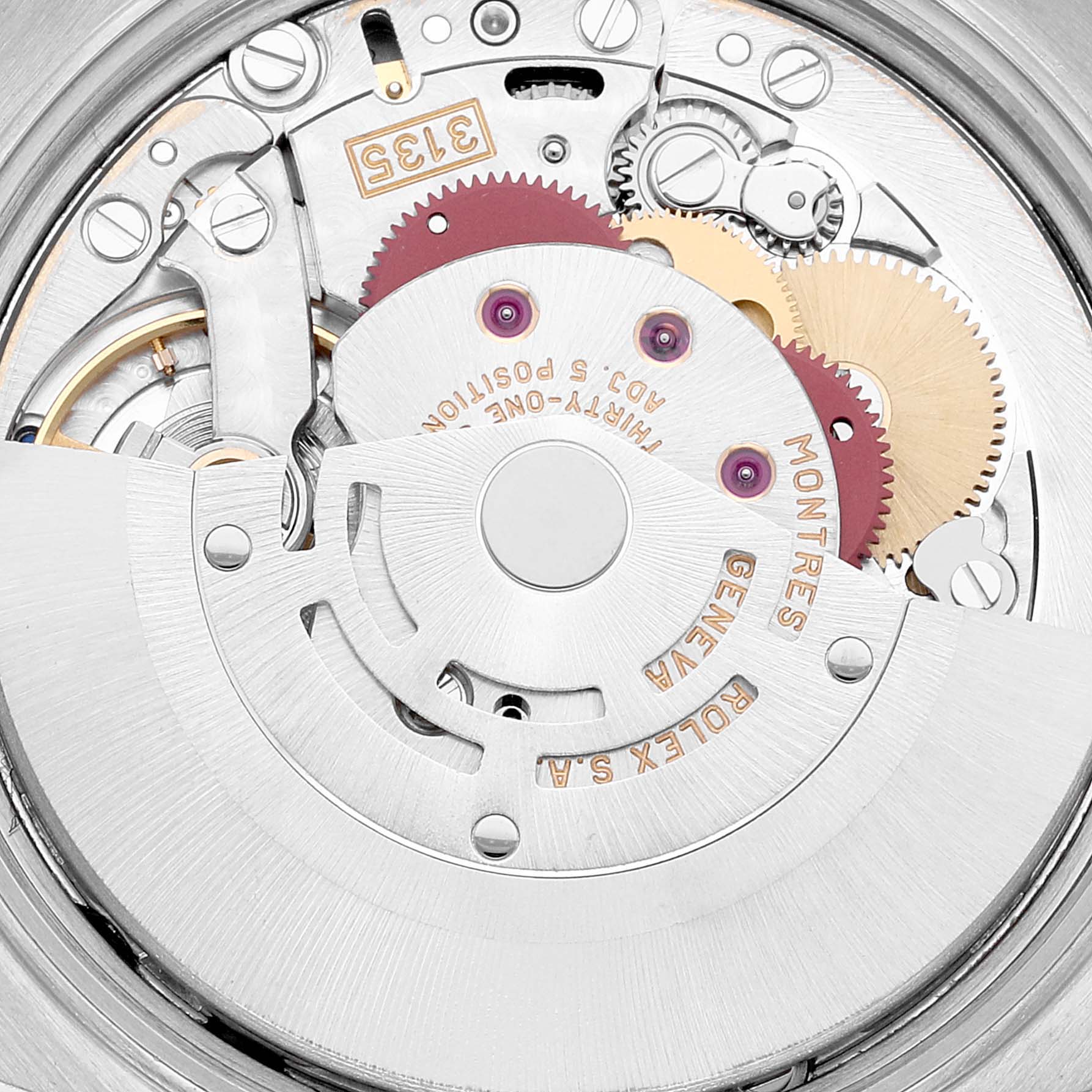 The image shows a close-up of the movement of a Rolex Datejust 15200 Men's Stainless Steel Blue Dial 15200 Men's Stainless Steel Blue Dial watch, highlighting gears and mechanical components.