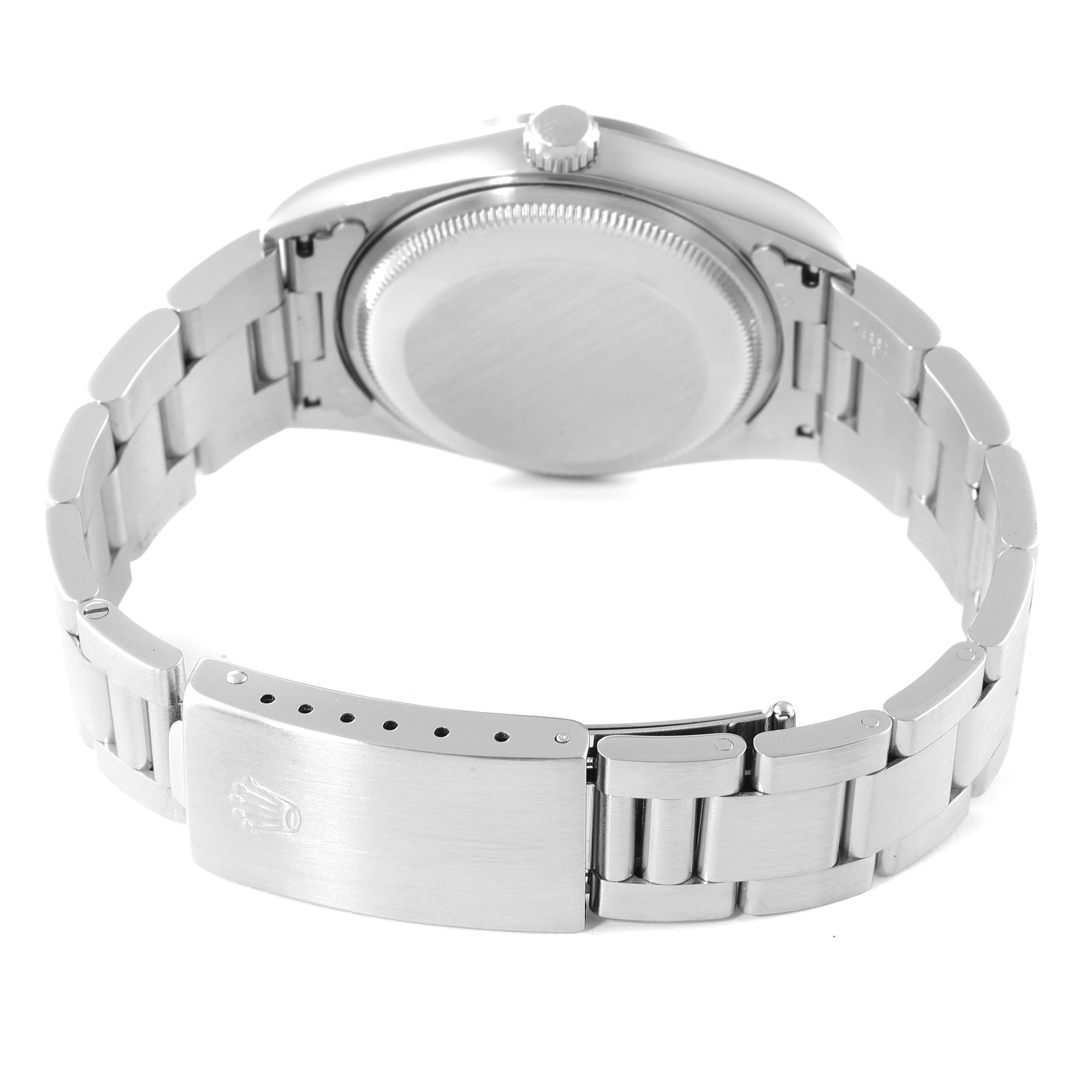 The image shows the Rolex Date 15200 Men's Stainless Steel Silver Dial 15200 Men's Stainless Steel Silver Dial model watch from a rear angle, highlighting the case back and the bracelet with the clasp.