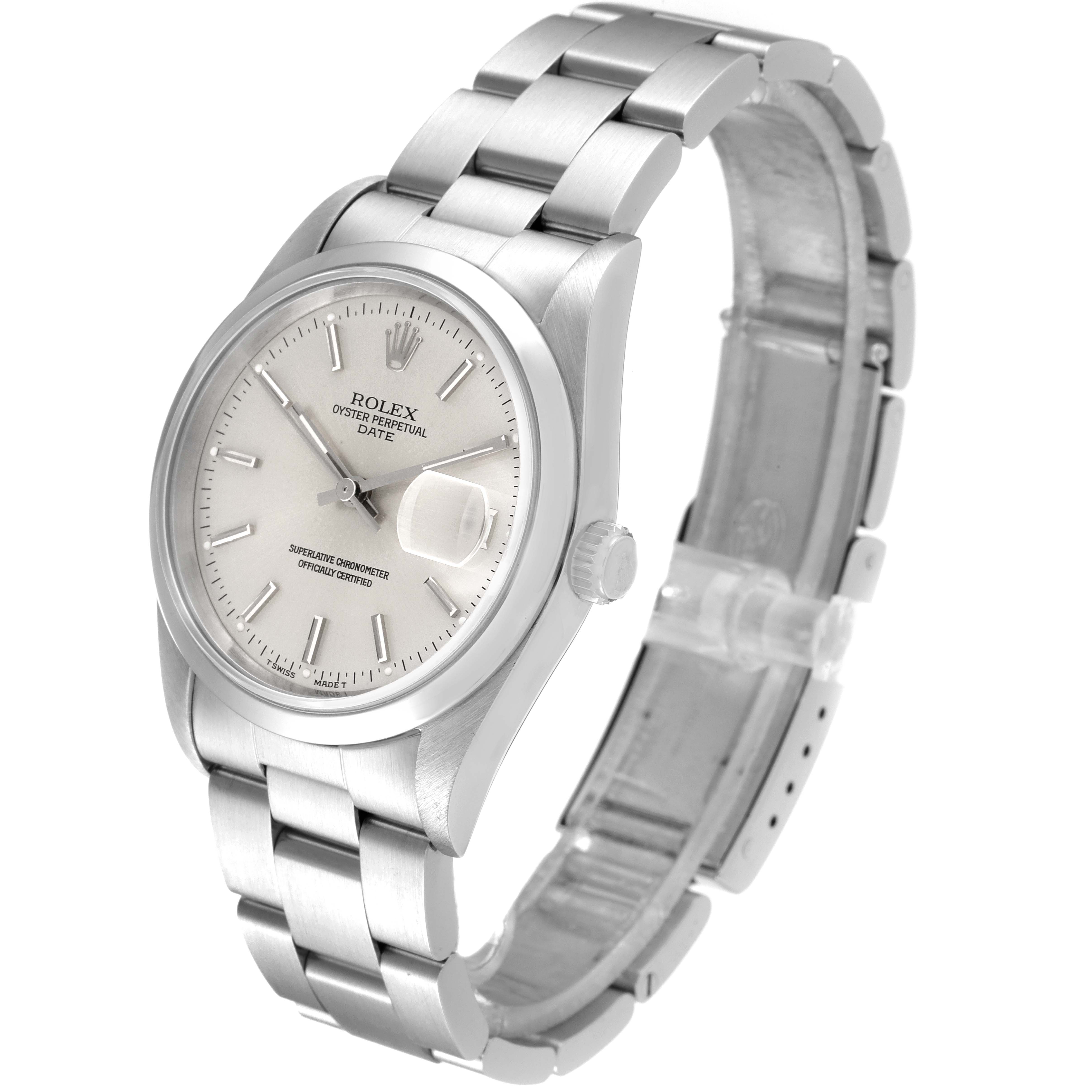The image shows a Rolex Date 15200 Men's Stainless Steel Silver Dial 15200 Men's Stainless Steel Silver Dial model watch at a front-left angle, highlighting its face, bezel, crown, and bracelet.