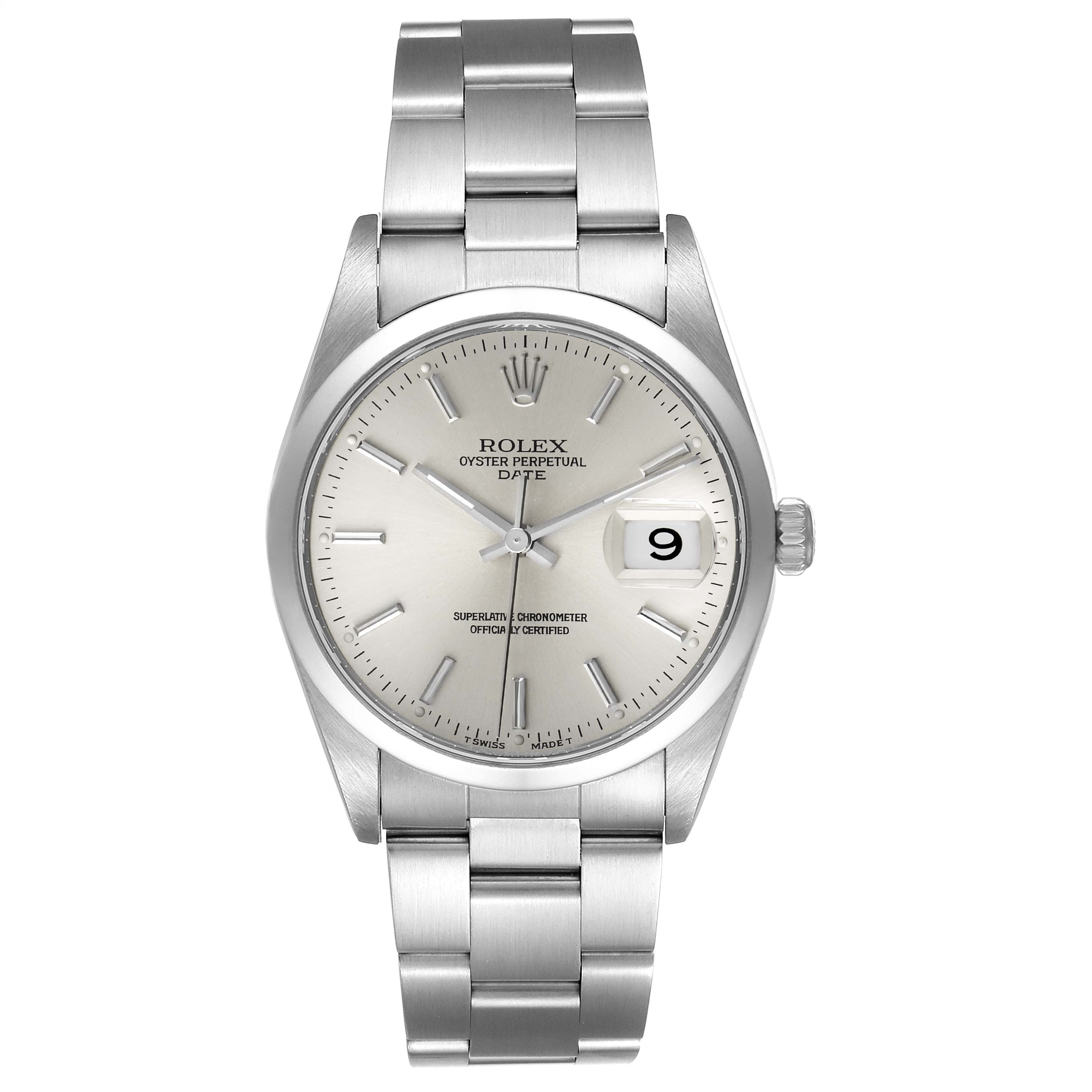 The image shows a front view of a Rolex Date 15200 Men's Stainless Steel Silver Dial 15200 Men's Stainless Steel Silver Dial model watch, highlighting the dial, hour markers, hands, bracelet, and date window.