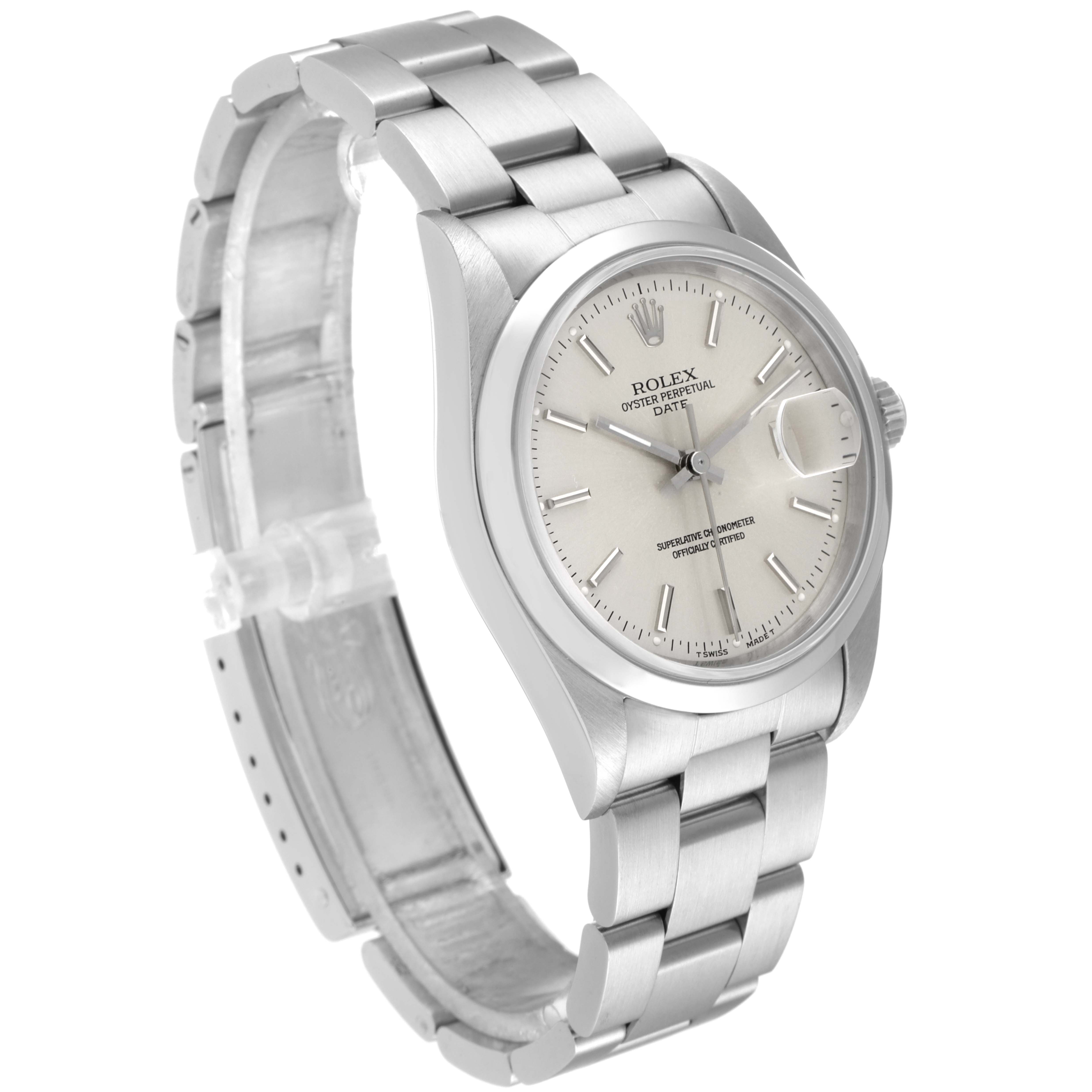 This image shows a Date model Rolex watch from a slight side angle, displaying the bracelet, case, and dial.